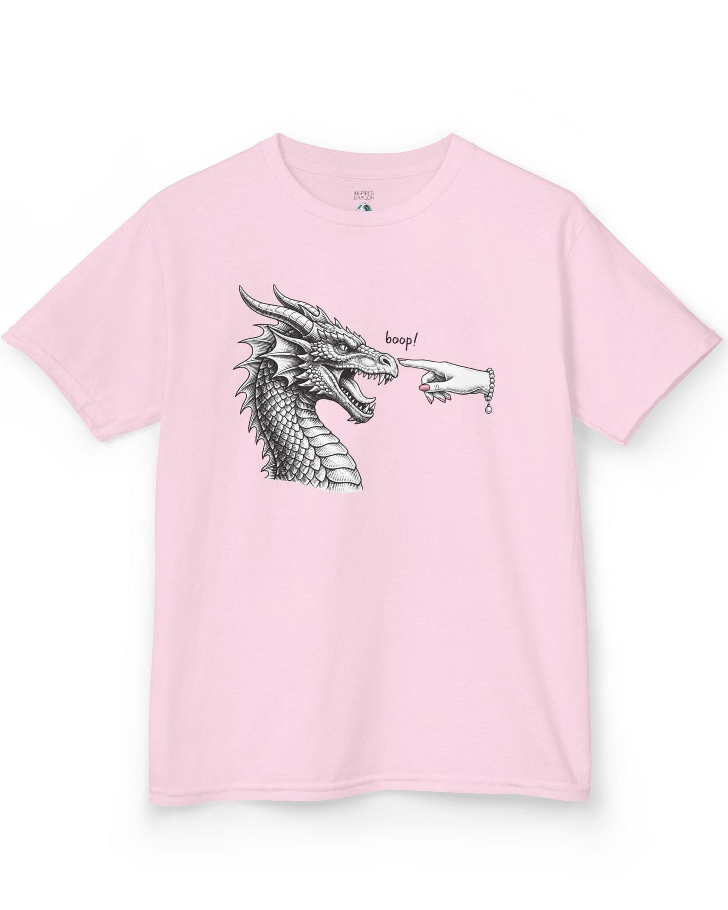 Boop in Pink shirt in light pink featuring a black and white dragon getting its nose booped by a hand with pink nails