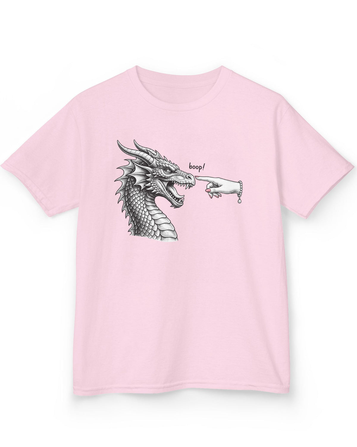 Boop in Pink shirt in light pink featuring a black and white dragon getting its nose booped by a hand with pink nails