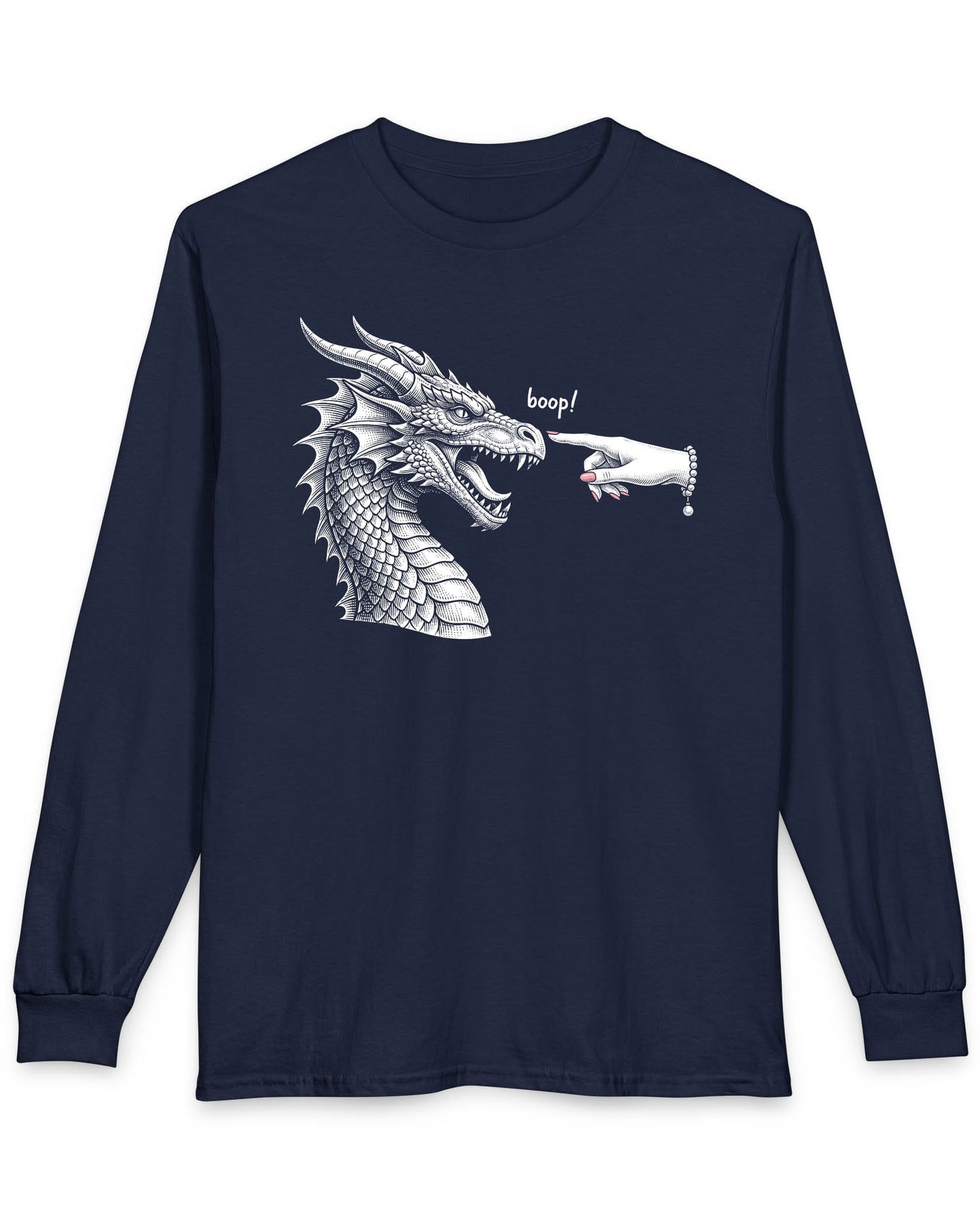 Boop in Pink shirt in navy featuring a black and white dragon getting its nose booped by a hand with pink nails