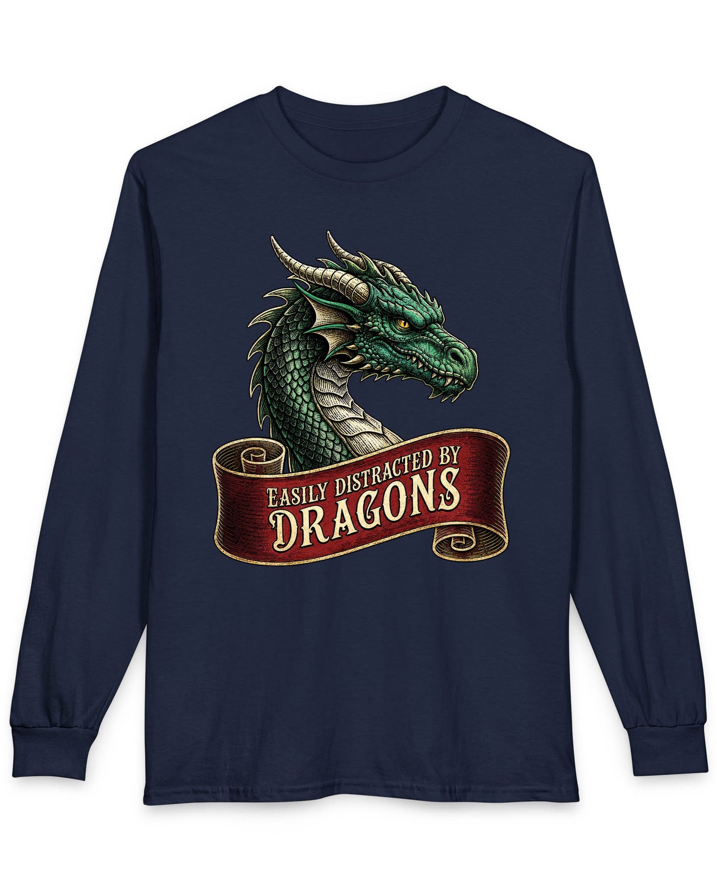 Easily Distracted shirt in navy featuring a green dragon above a red banner reading Easily Distracted by Dragons