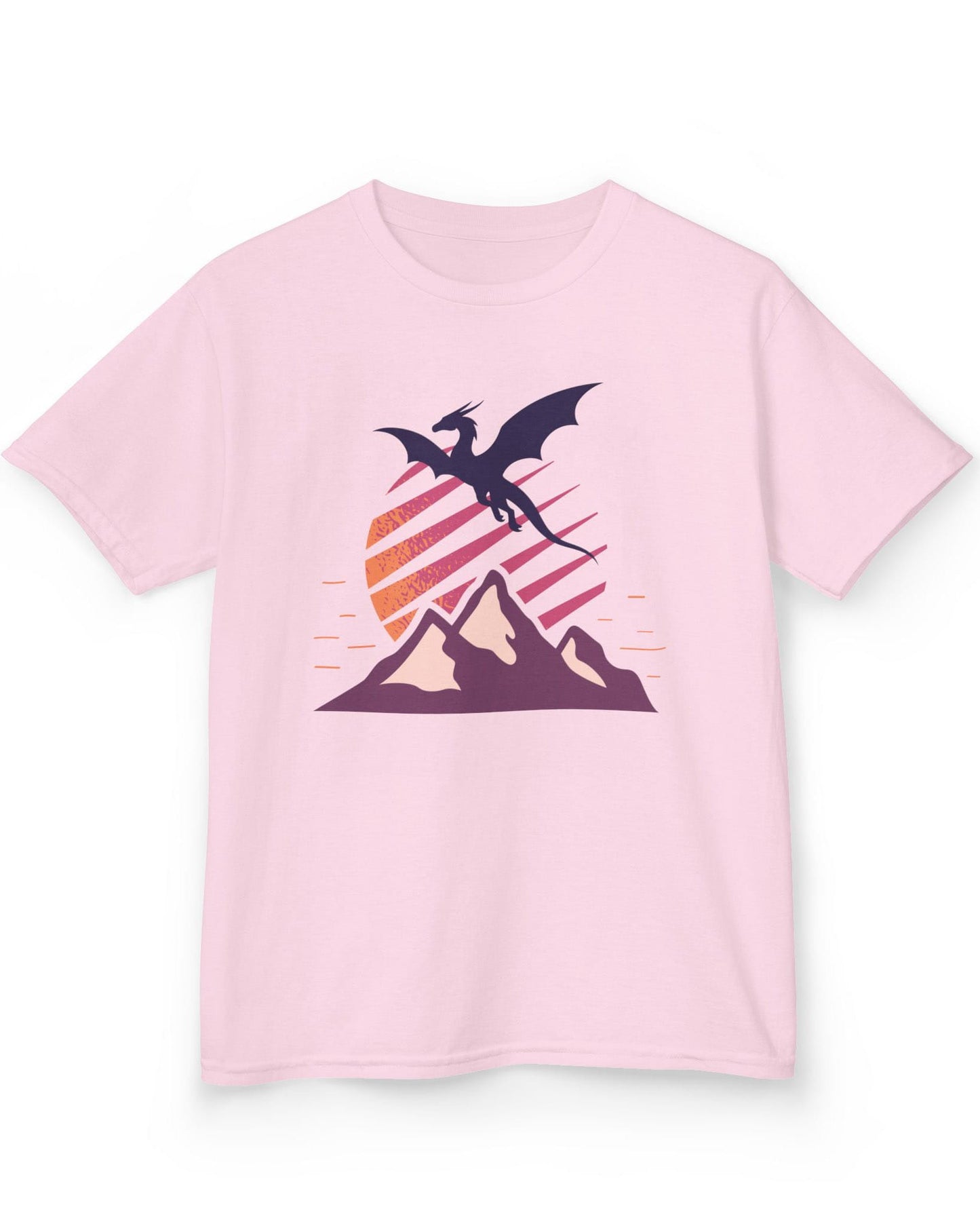 Above the Summit shirt in light pink featuring a purple dragon silhouette flying above purple mountains and a striped sun