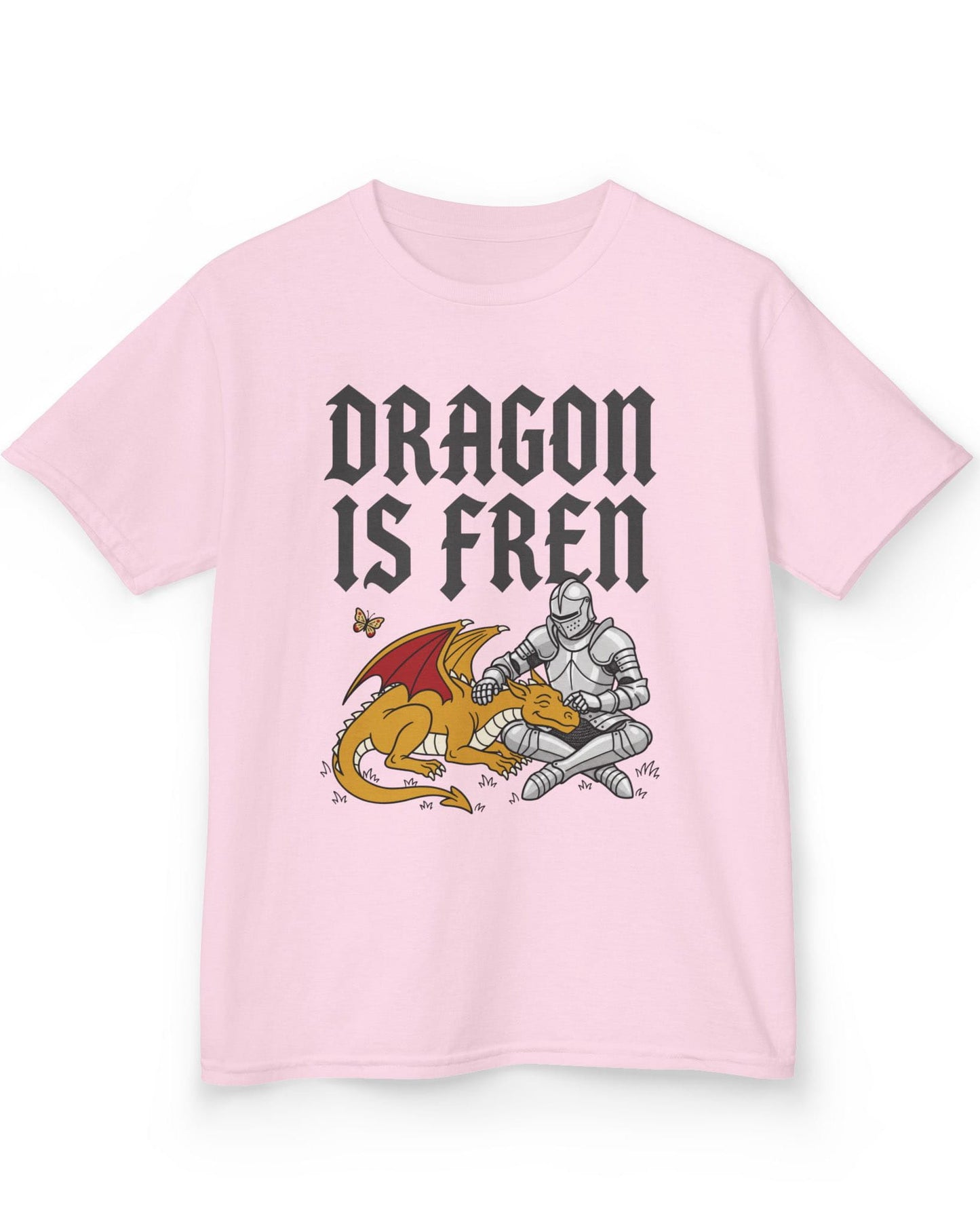 Dragon Is Fren shirt in light pink featuring a smiling yellow dragon being petted by a knight with a butterfly nearby
