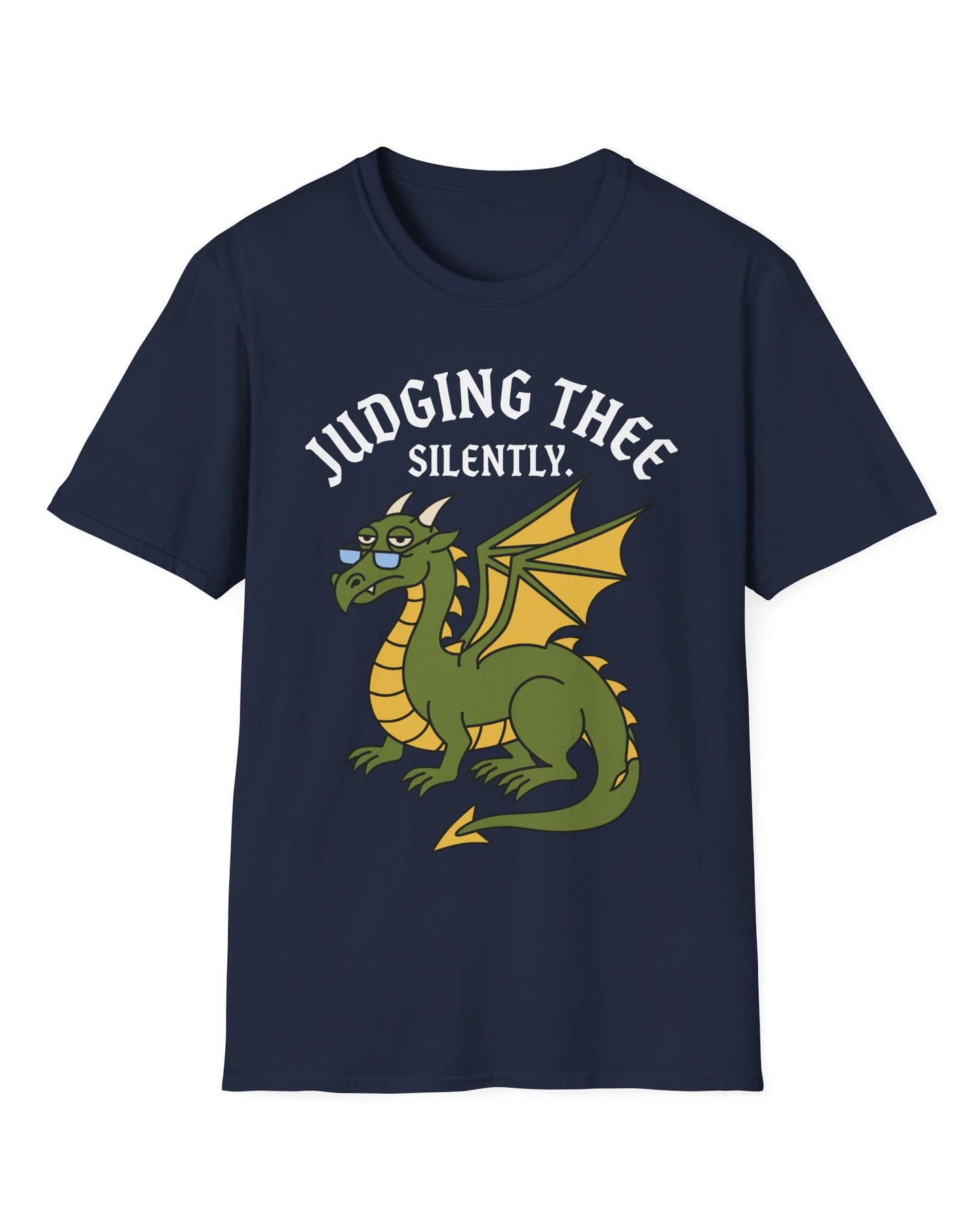 Judging Thee Silently shirt in navy featuring a judgmental green dragon with glasses, folded wings, and text