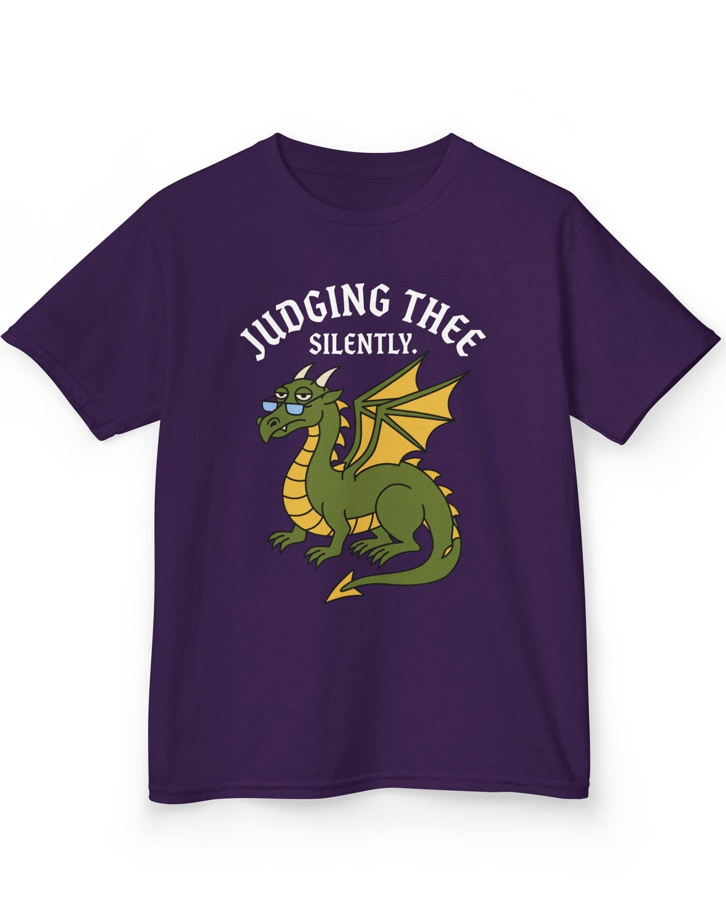 Judging Thee Silently shirt in purple featuring a judgmental green dragon with glasses, folded wings, and text
