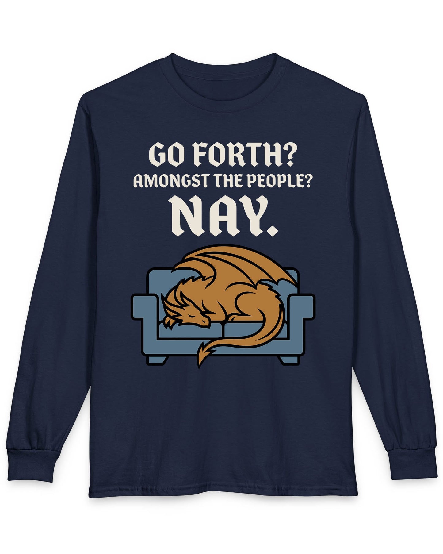 Go Forth shirt in navy featuring a sleeping orange dragon curled up on a blue couch with text