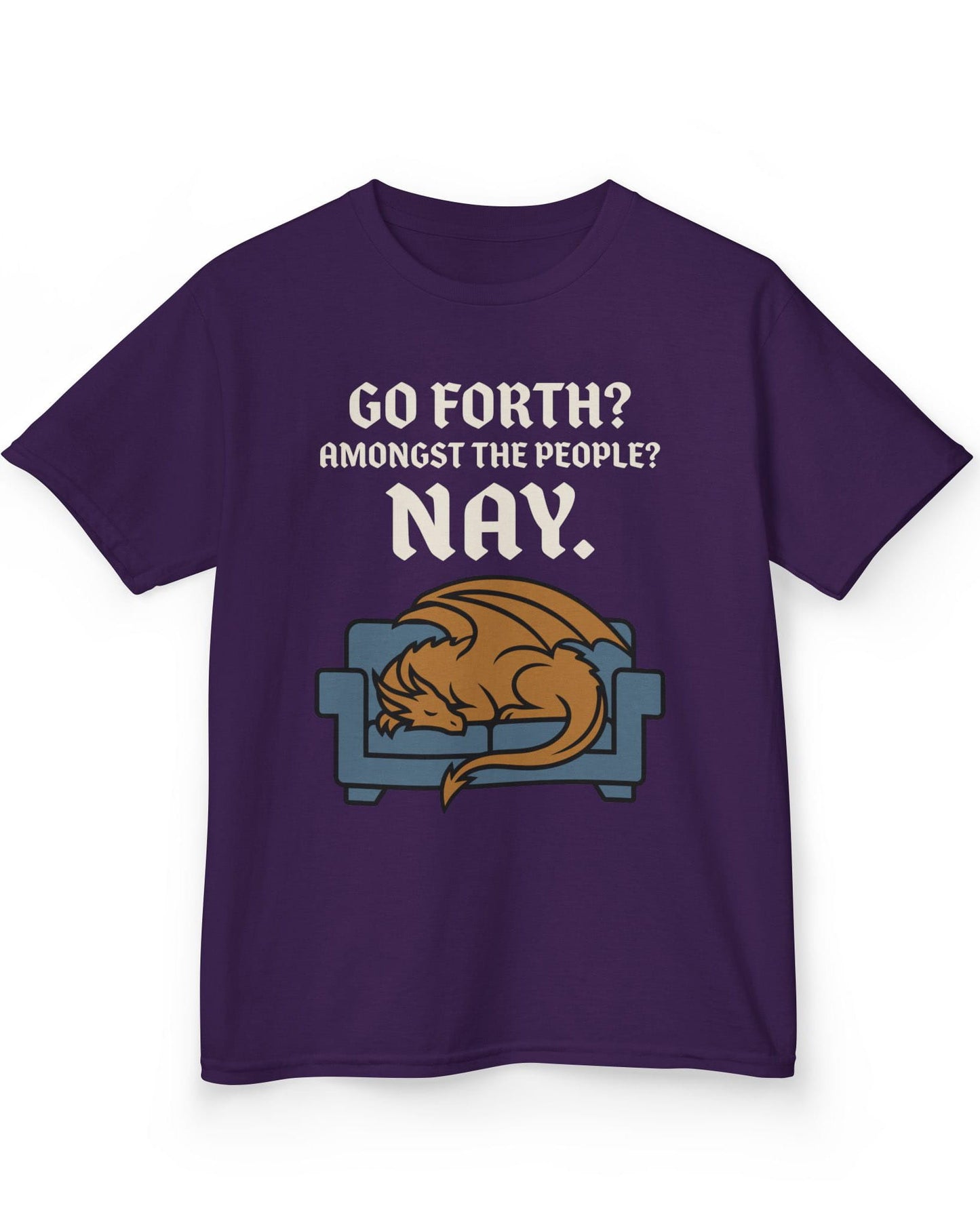 Go Forth shirt in purple featuring a sleeping orange dragon curled up on a blue couch with text