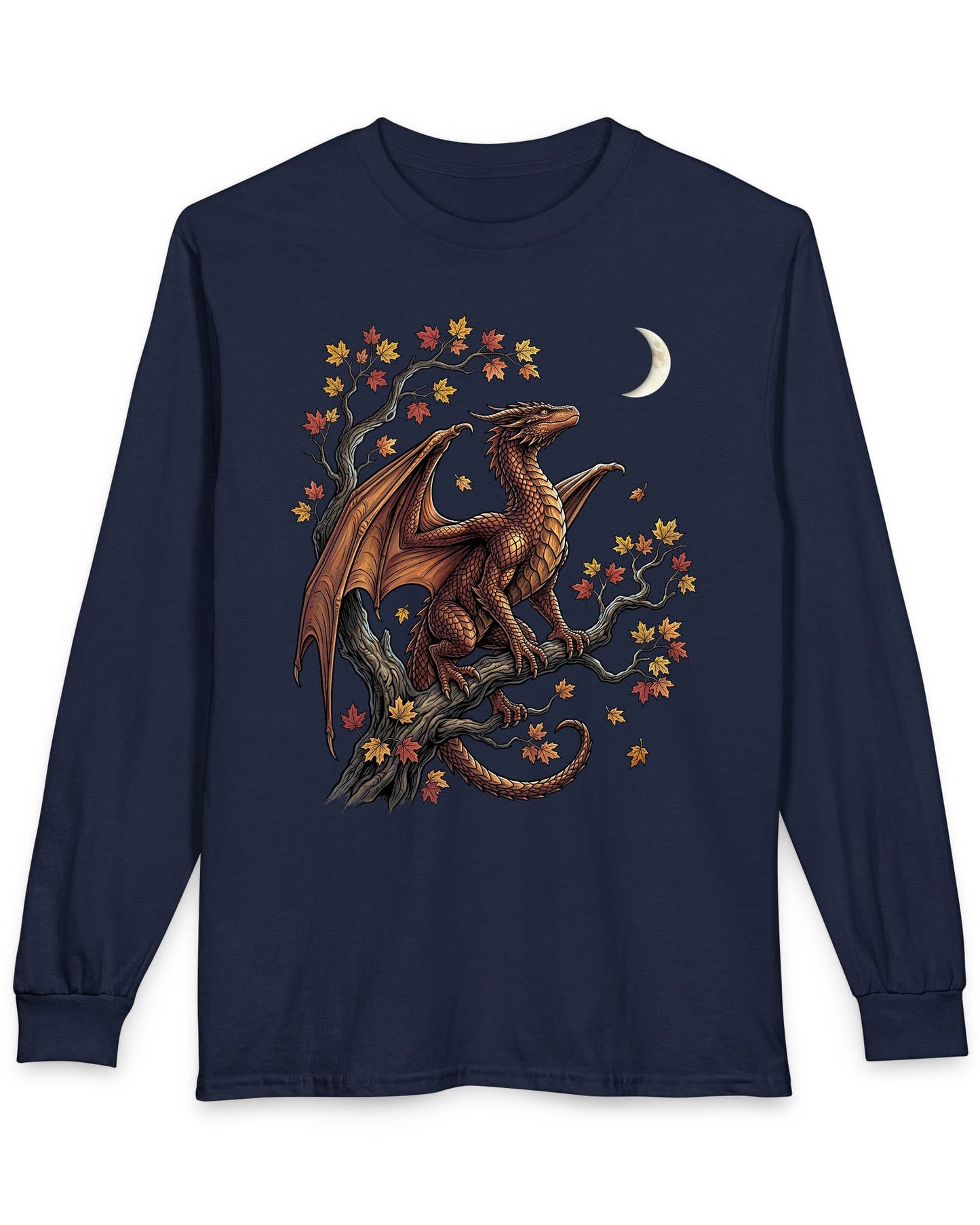 Autumn Watch shirt in navy featuring a copper dragon on a gnarled tree with red and gold leaves and a crescent moon