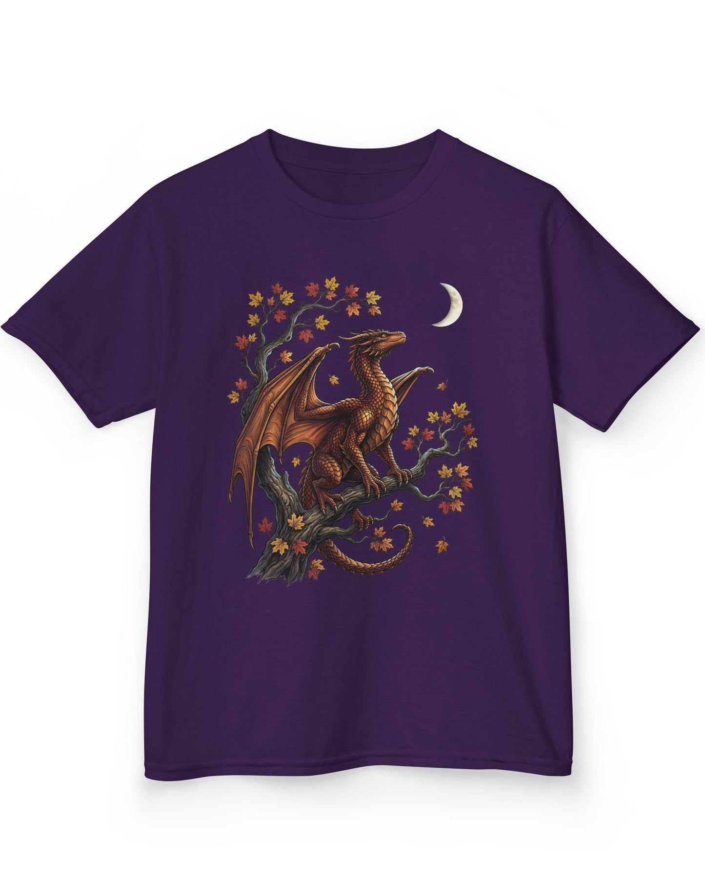 Autumn Watch shirt in purple featuring a copper dragon on a gnarled tree with red and gold leaves and a crescent moon