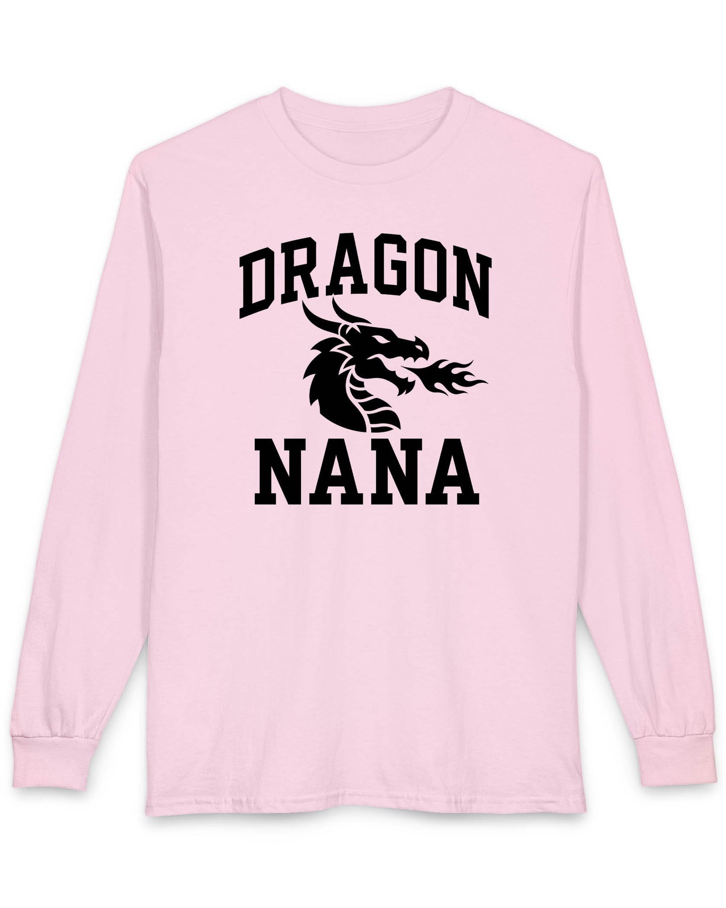Dragon Nana shirt in light pink with bold collegiate lettering and a minimalist dragon breathing fire emblem