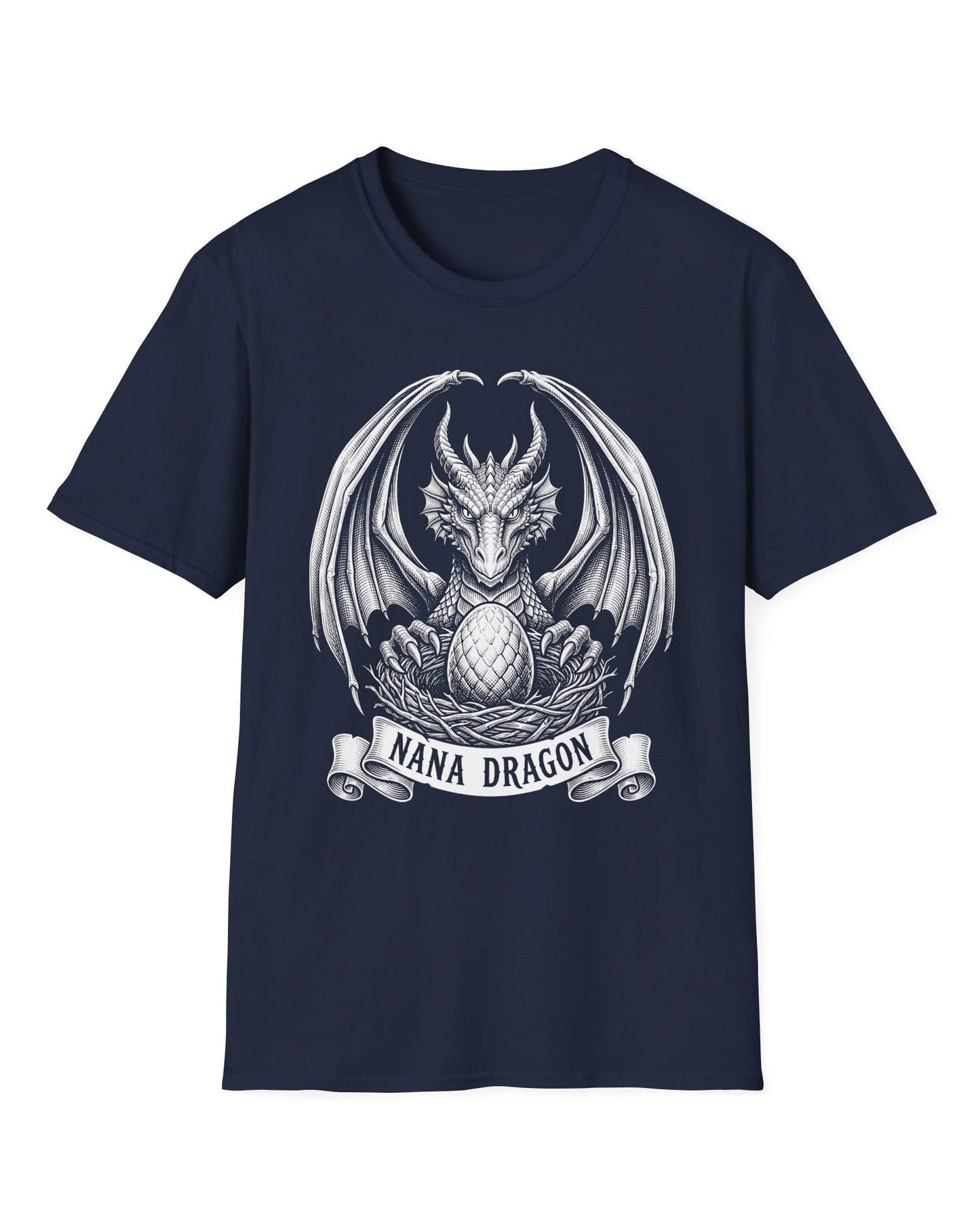 Nana Dragon shirt in navy featuring detailed vintage sketch art of a dragon guarding an egg in its nest