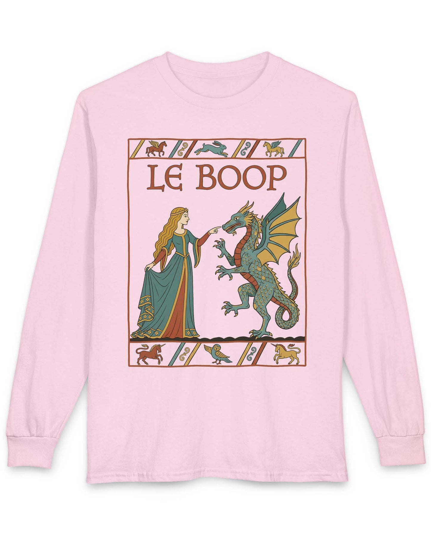 Le Boop Maiden shirt in light pink featuring a medieval maiden playfully booping a dragon in vintage tapestry style