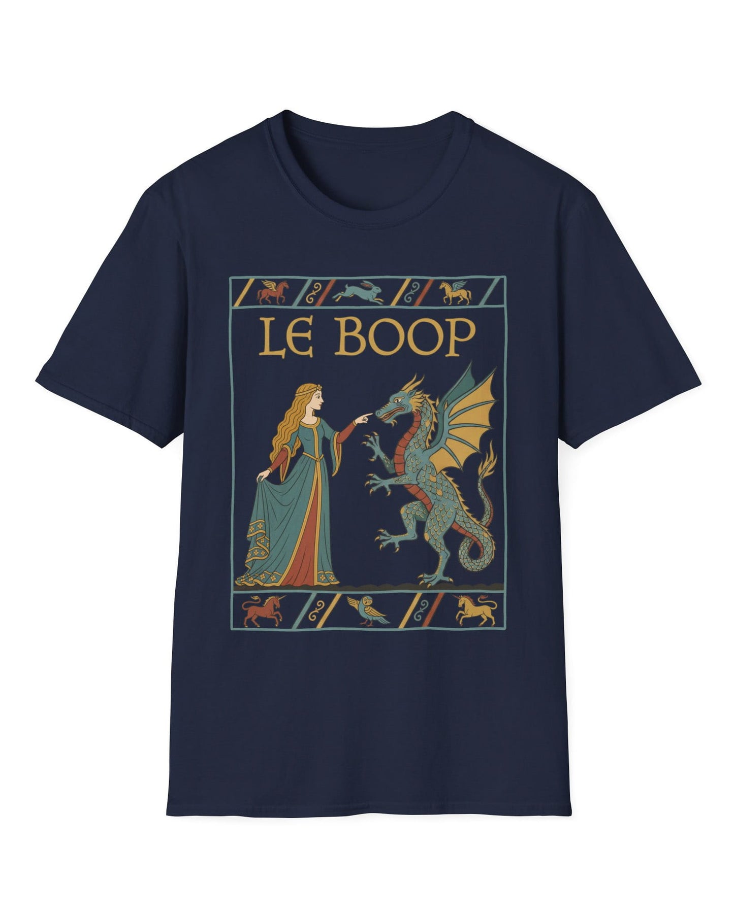 Le Boop Maiden shirt in navy featuring a medieval maiden playfully booping a dragon in vintage tapestry style