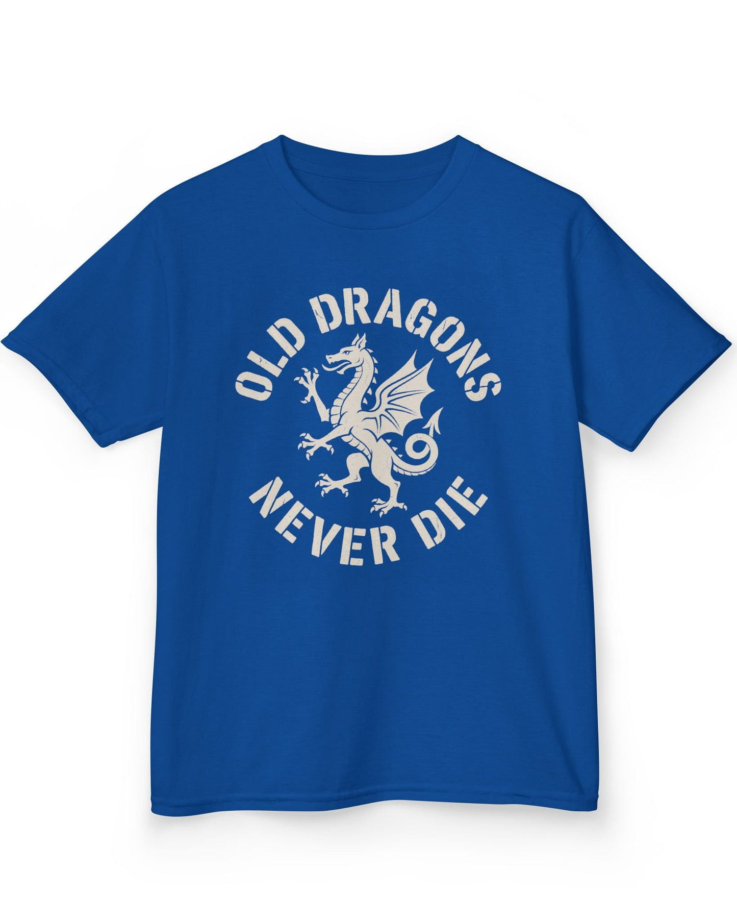 Old Dragons Never Die shirt in royal blue featuring a distressed white dragon surrounded by curved vintage-style text