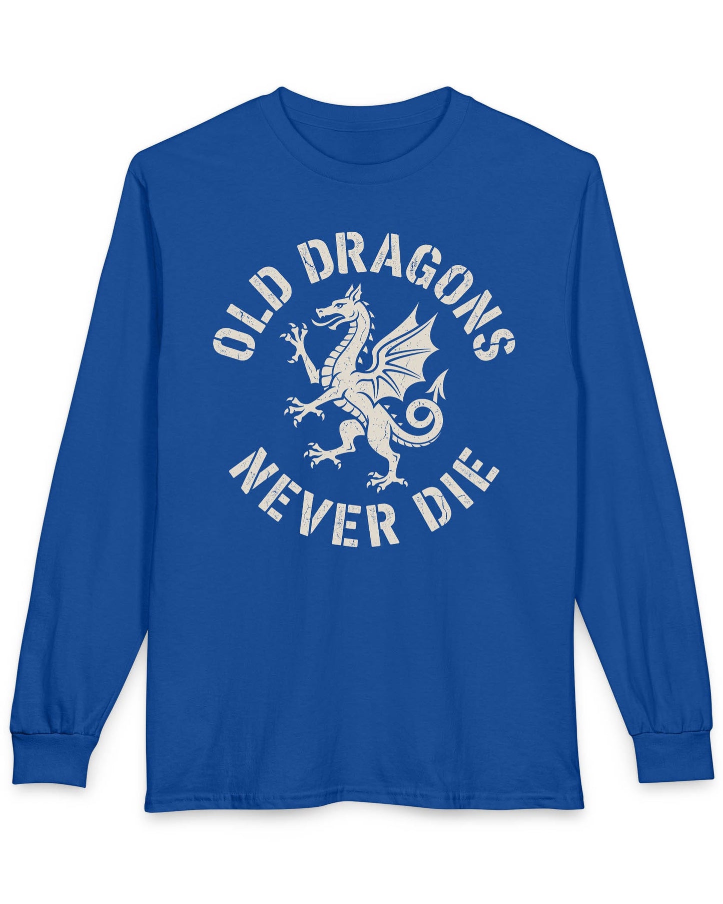 Old Dragons Never Die shirt in royal blue featuring a distressed white dragon surrounded by curved vintage-style text