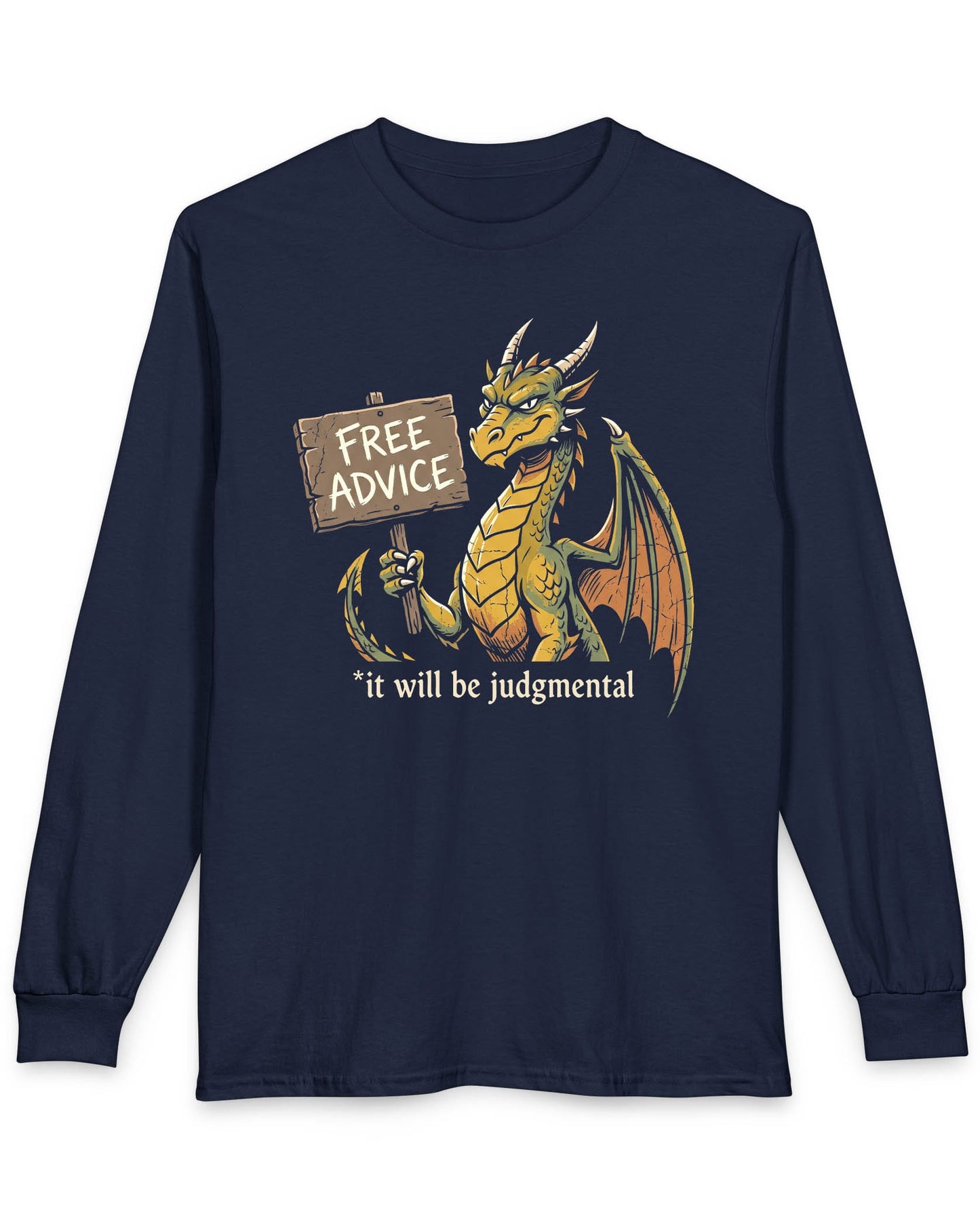Free Advice shirt in navy featuring a green and gold dragon holding a wooden sign reading “Free Advice”