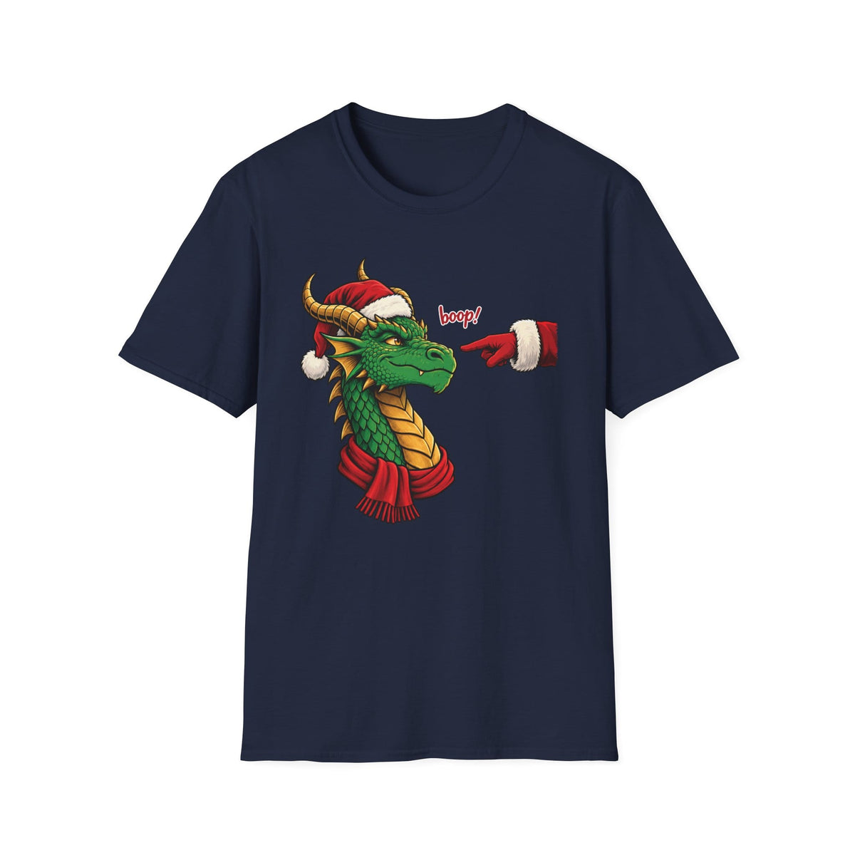 A Boop for Christmas shirt in navy featuring a green dragon in a Santa hat and scarf being booped by Santa