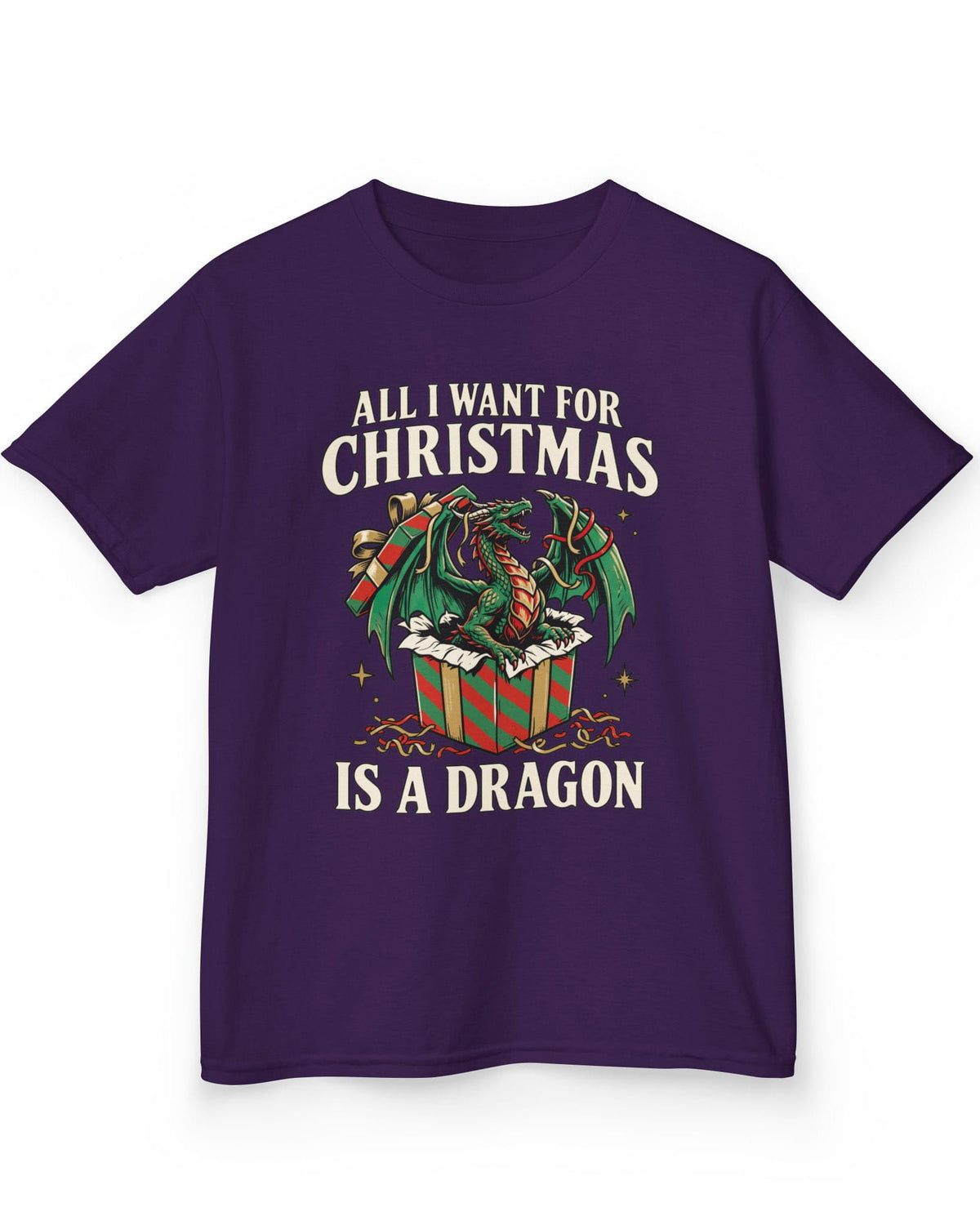All I Want for Christmas shirt in purple featuring a green dragon emerging from a red and green wrapped gift box