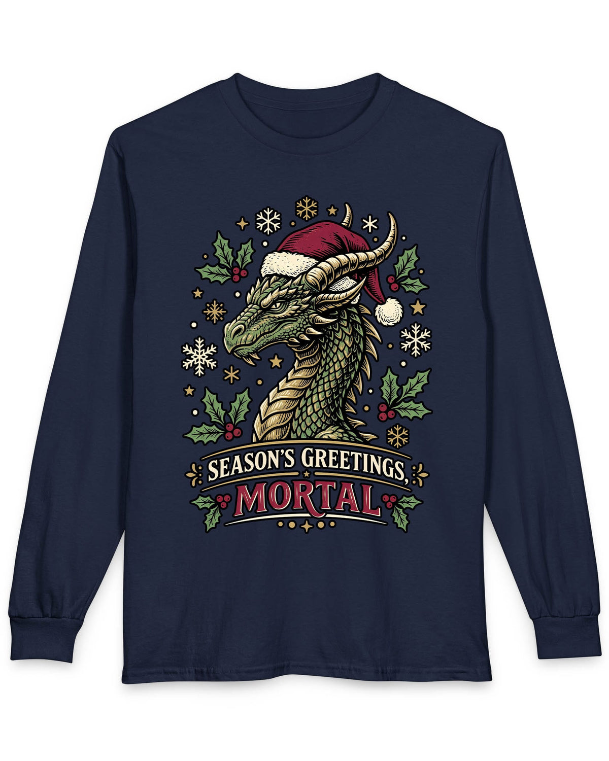 Season's Greetings, Mortal shirt in navy featuring a green dragon in a Santa hat with holly and snowflakes