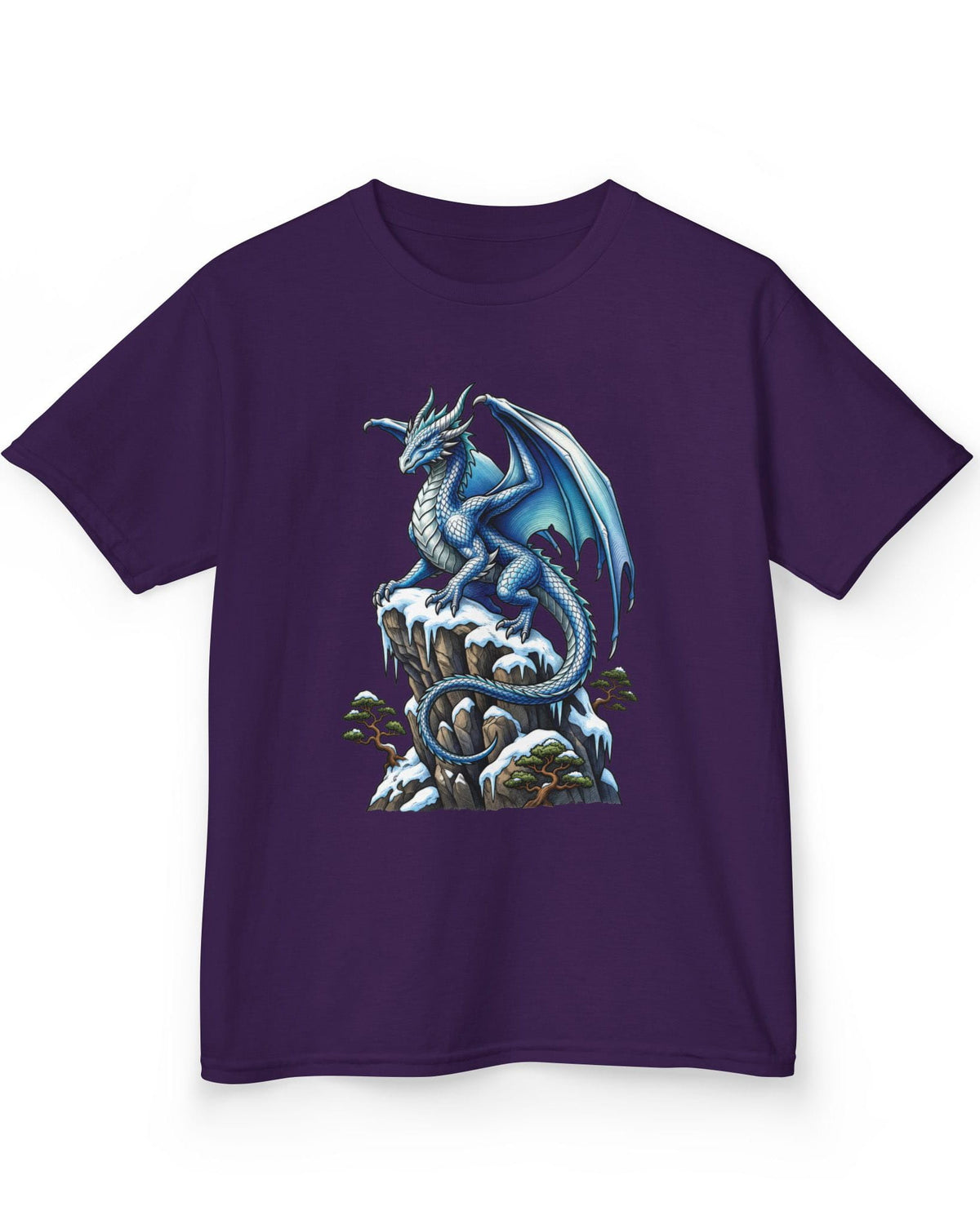 Winter Watch shirt in purple featuring a blue and white dragon perched on a snow-covered rocky cliff with pine trees