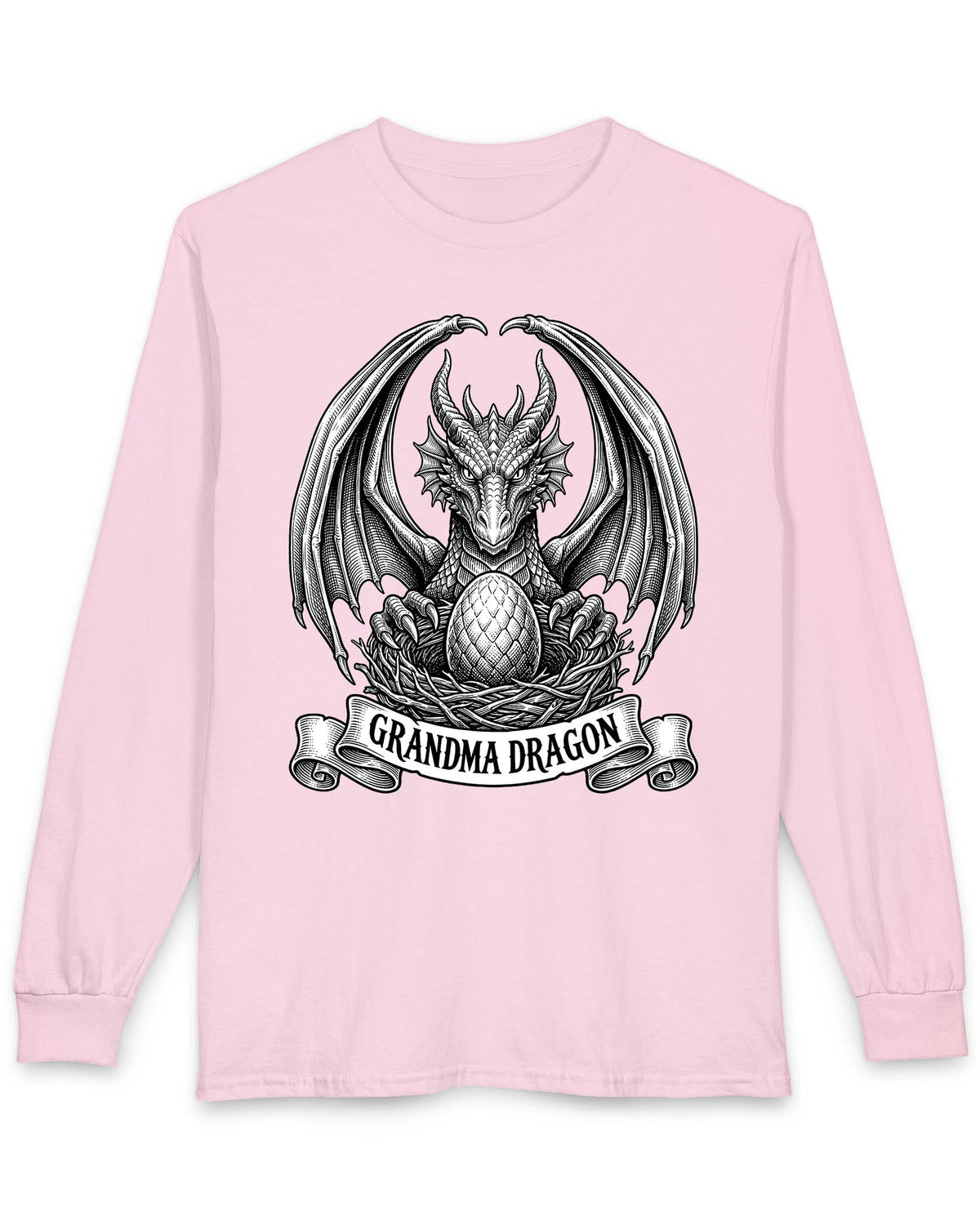 Grandma Dragon shirt in light pink featuring detailed vintage sketch art of a dragon guarding an egg in its nest