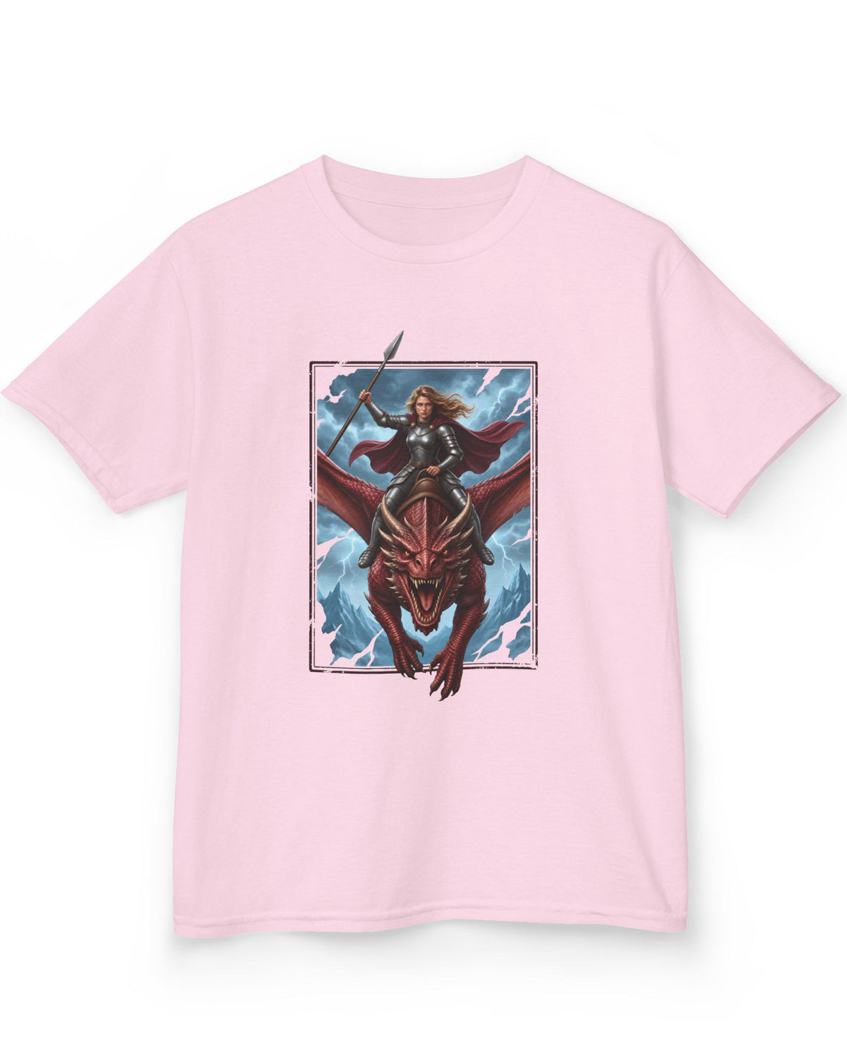Stormrider shirt in light pink featuring an armored woman with a spear riding a red dragon against a stormy mountain sky