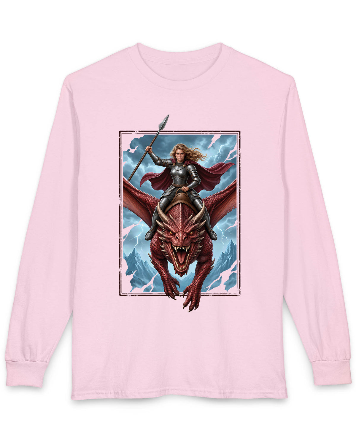 Stormrider shirt in light pink featuring an armored woman with a spear riding a red dragon against a stormy mountain sky