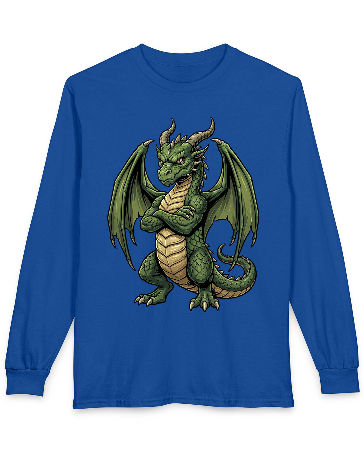 Grumpy Dragon shirt in royal blue featuring a green dragon with crossed arms, spread wings, curved horns, and a scowl