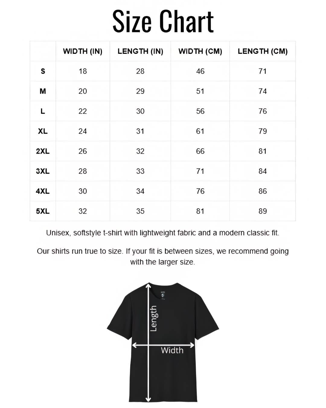 A size chart graphic for a unisex short-sleeve t-shirt, showing a width, length, and height measurement table in inches and centimeters from S to 5XL, plus a black shirt diagram with arrows indicating width and length.