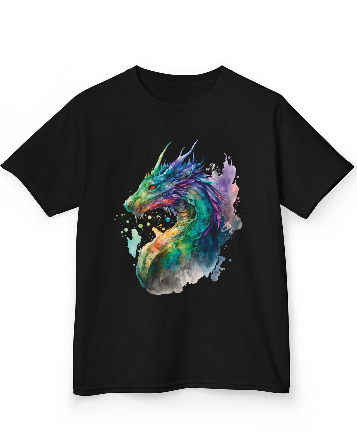 Chromatic Sentinel shirt in black, featuring vibrant watercolor art of a dragon’s head and neck in vivid colors.