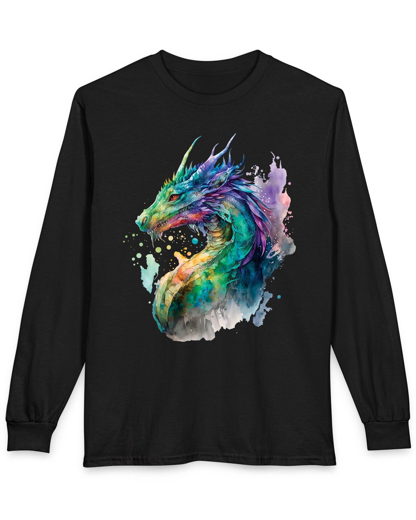Chromatic Sentinel shirt in black, featuring vibrant watercolor art of a dragon’s head and neck in vivid colors.