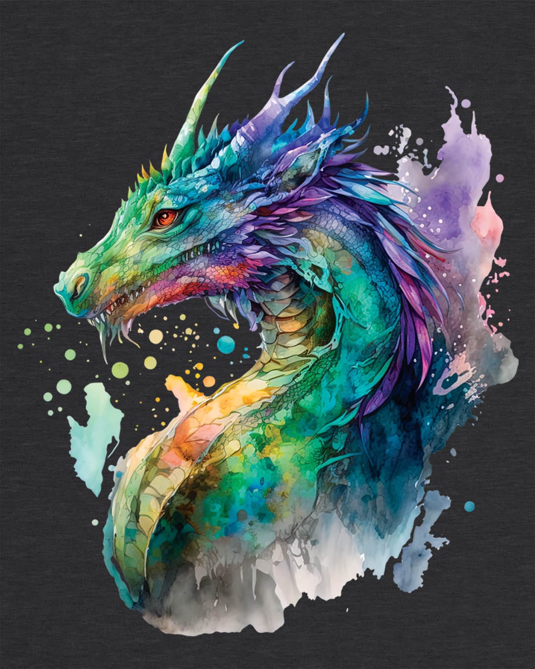 Chromatic Sentinel shirt in dark heather grey, featuring vibrant watercolor art of a dragon’s head and neck in vivid colors.