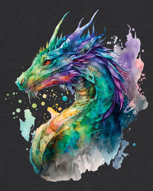 Chromatic Sentinel shirt in dark heather grey, featuring vibrant watercolor art of a dragon’s head and neck in vivid colors.