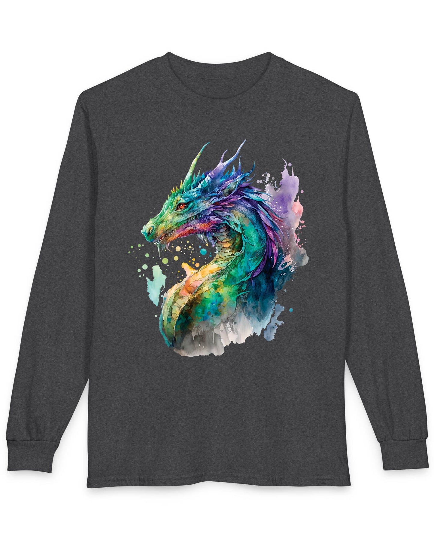 Chromatic Sentinel shirt in dark heather grey, featuring vibrant watercolor art of a dragon’s head and neck in vivid colors.
