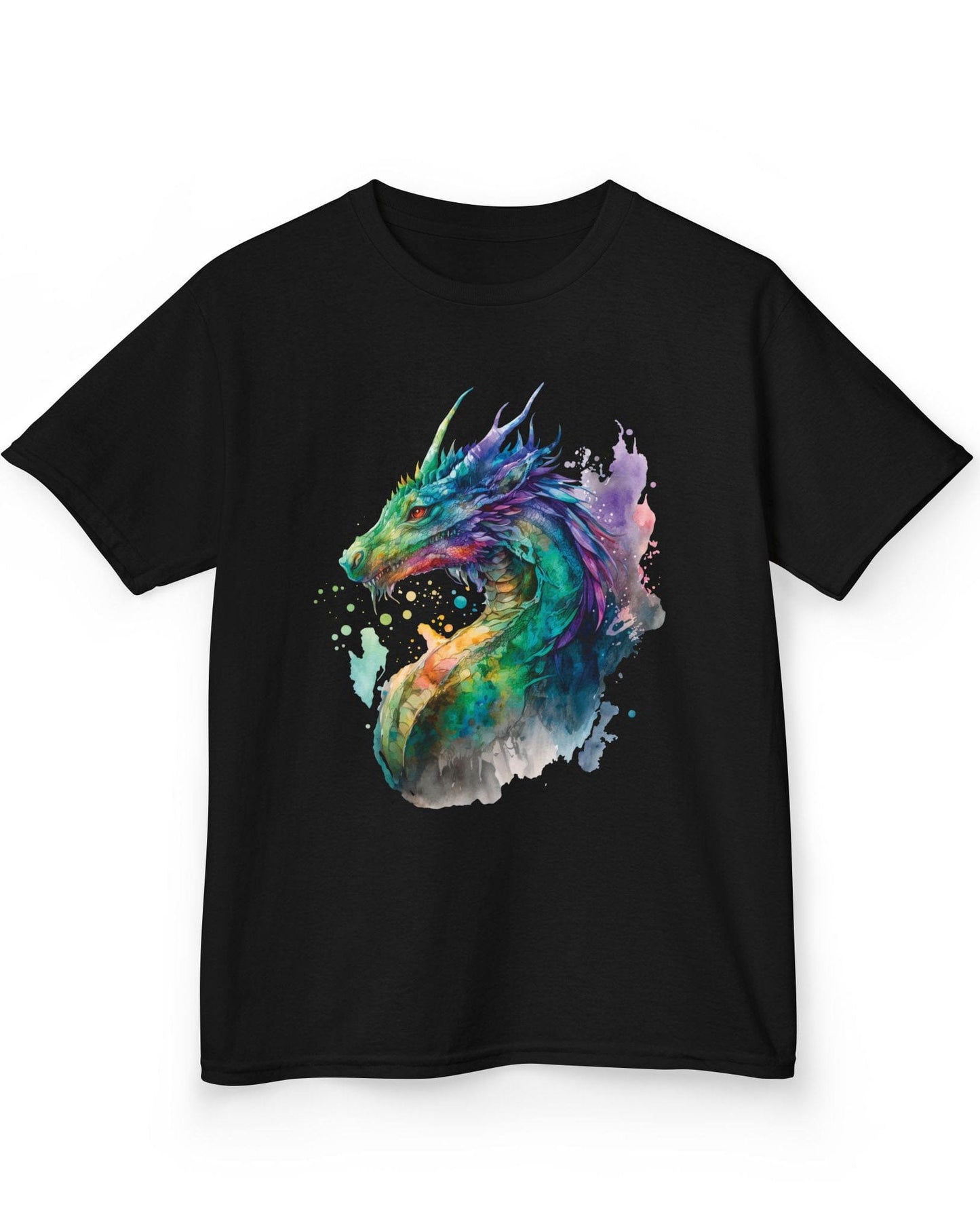Chromatic Sentinel shirt in black, featuring vibrant watercolor art of a dragon’s head and neck in vivid colors.