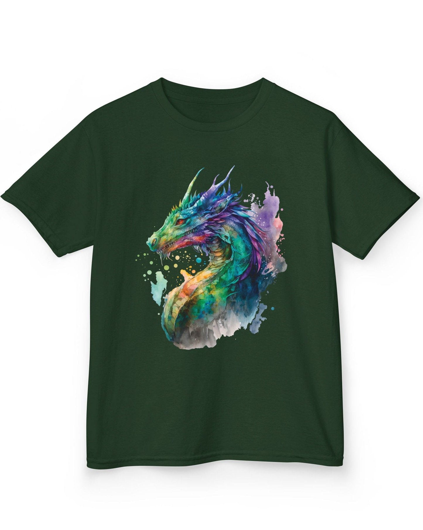 Chromatic Sentinel shirt in forest green, featuring vibrant watercolor art of a dragon’s head and neck in vivid colors.
