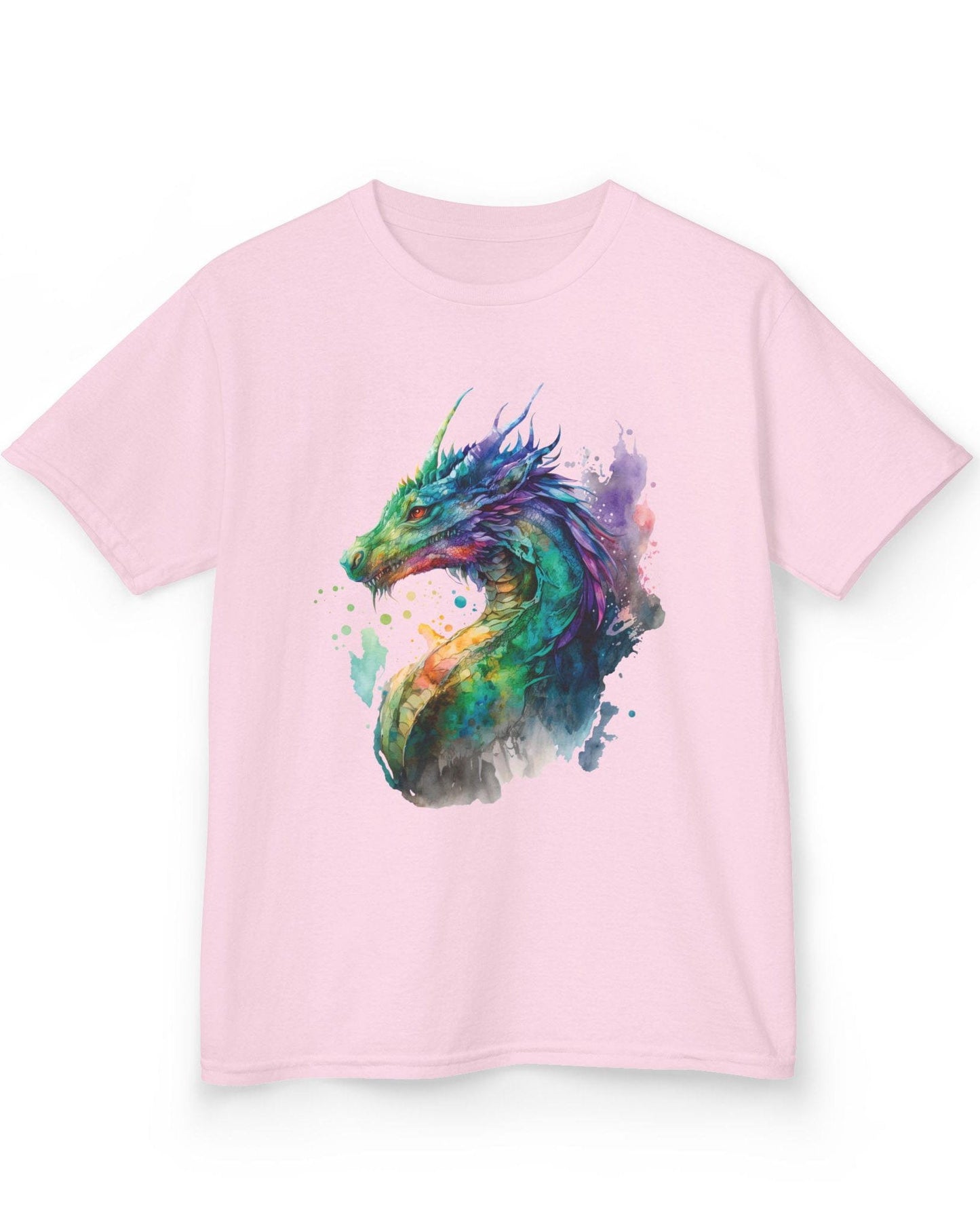 Chromatic Sentinel shirt in light pink, featuring vibrant watercolor art of a dragon’s head and neck in vivid colors.