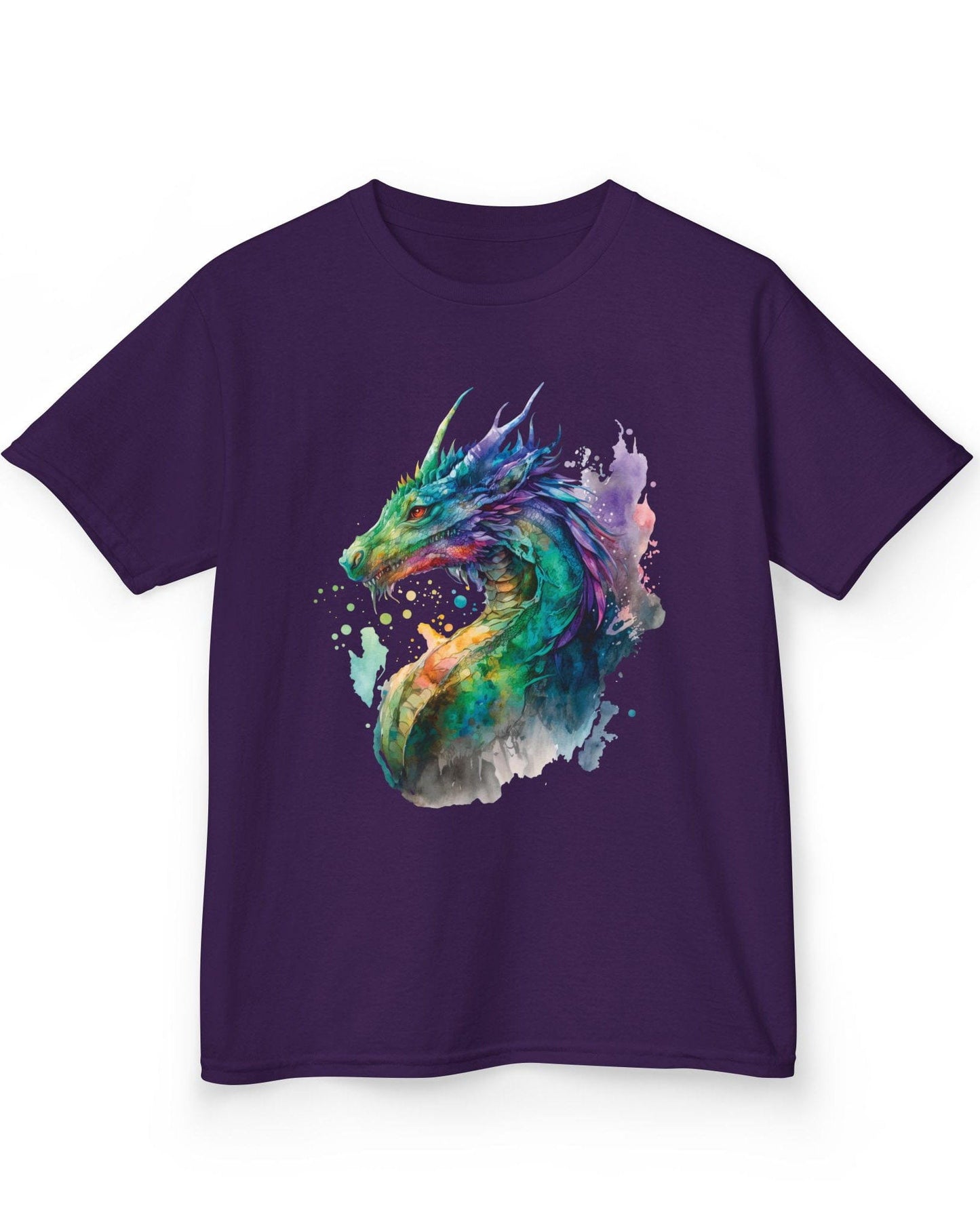 Chromatic Sentinel shirt in purple, featuring vibrant watercolor art of a dragon’s head and neck in vivid colors.