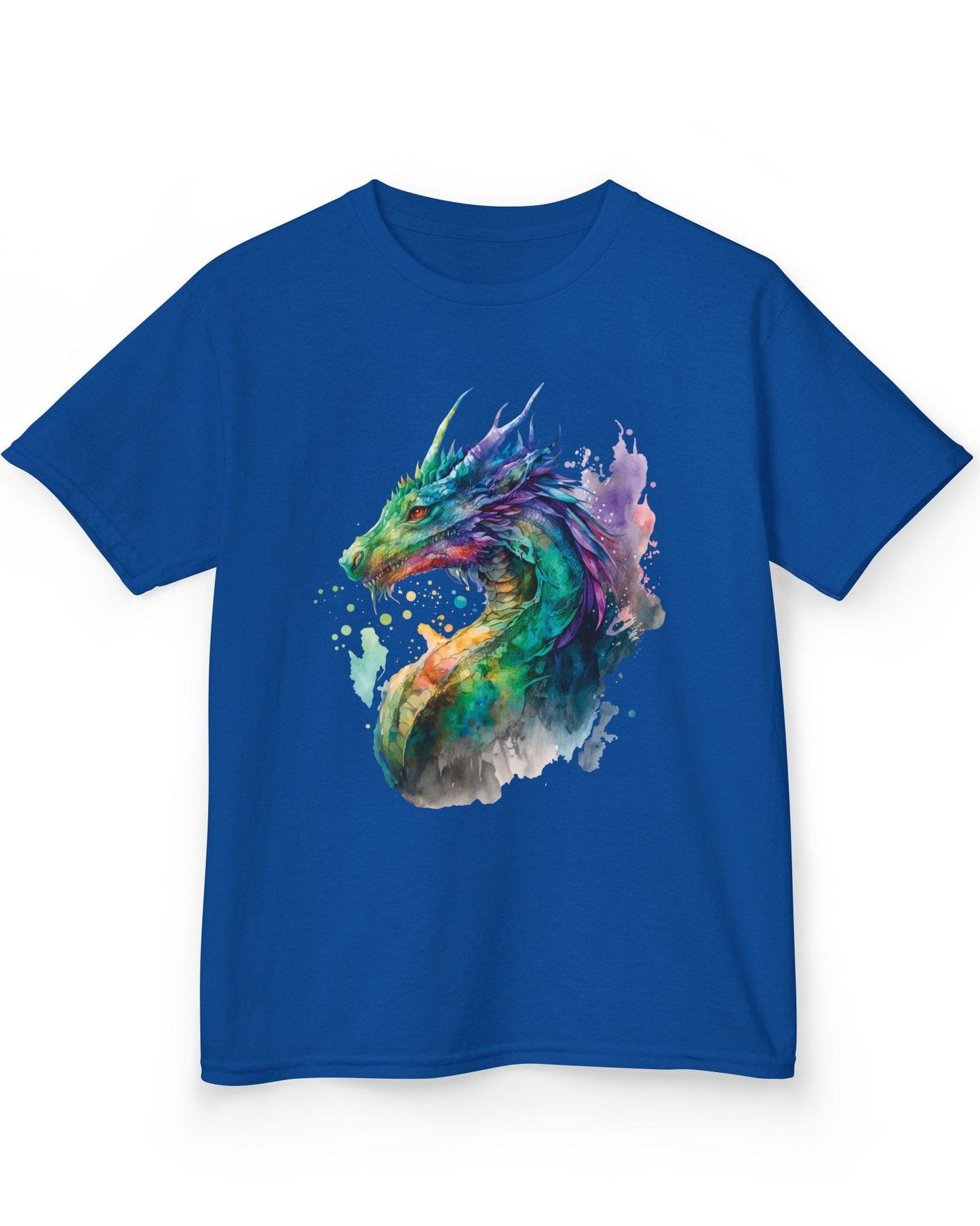 Chromatic Sentinel shirt in royal blue, featuring vibrant watercolor art of a dragon’s head and neck in vivid colors.