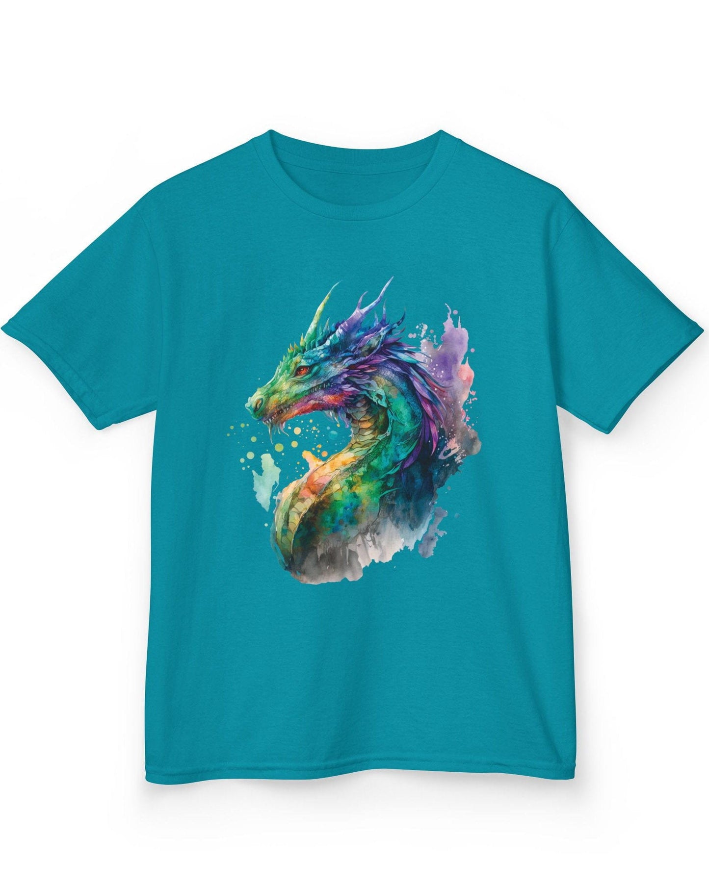 Chromatic Sentinel shirt in tropical blue, featuring vibrant watercolor art of a dragon’s head and neck in vivid colors.