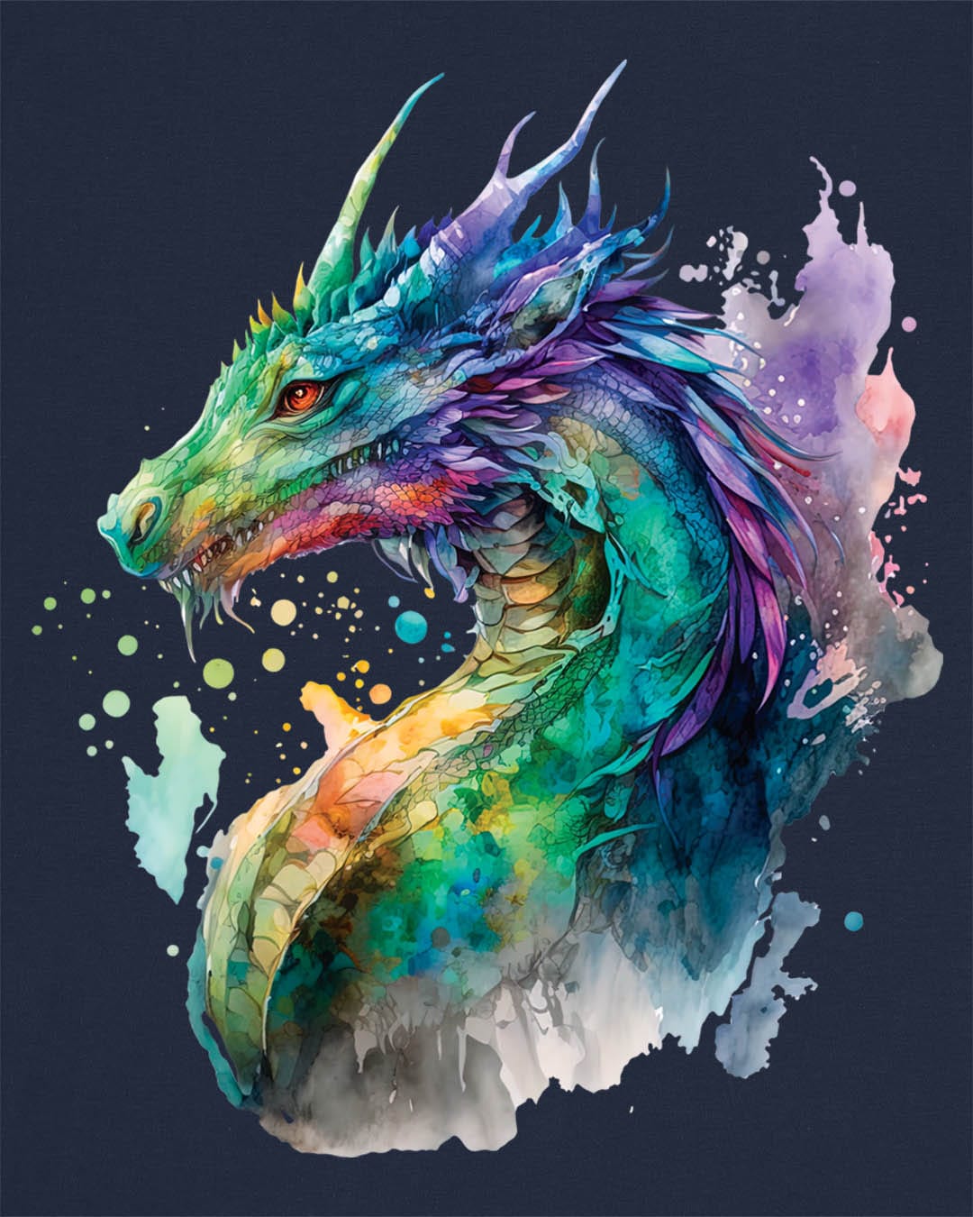 Chromatic Sentinel shirt in navy, featuring vibrant watercolor art of a dragon’s head and neck in vivid colors.