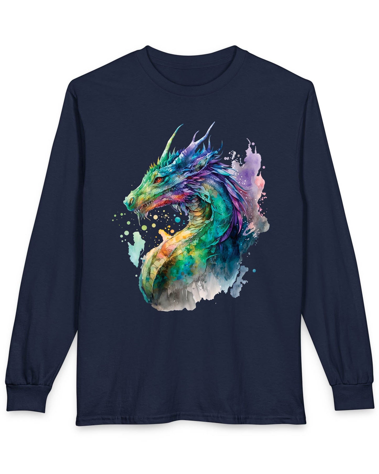 Chromatic Sentinel shirt in navy, featuring vibrant watercolor art of a dragon’s head and neck in vivid colors.