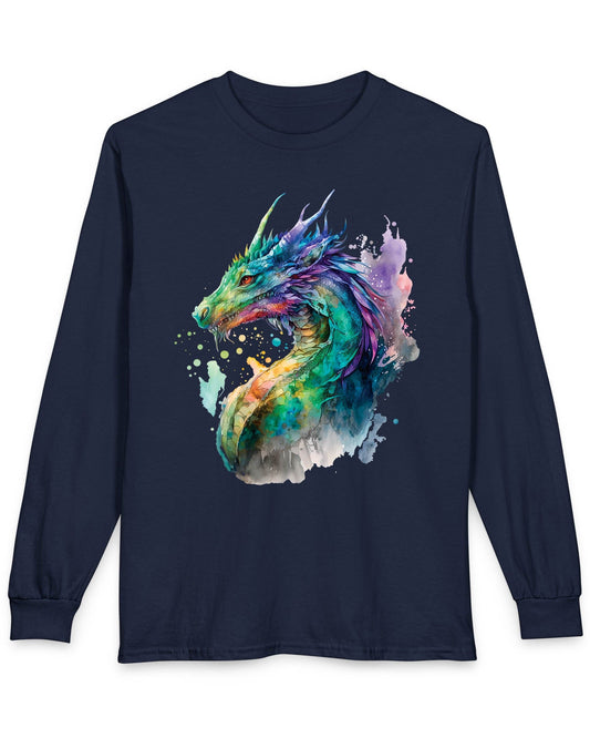 Chromatic Sentinel shirt in navy, featuring vibrant watercolor art of a dragon’s head and neck in vivid colors.