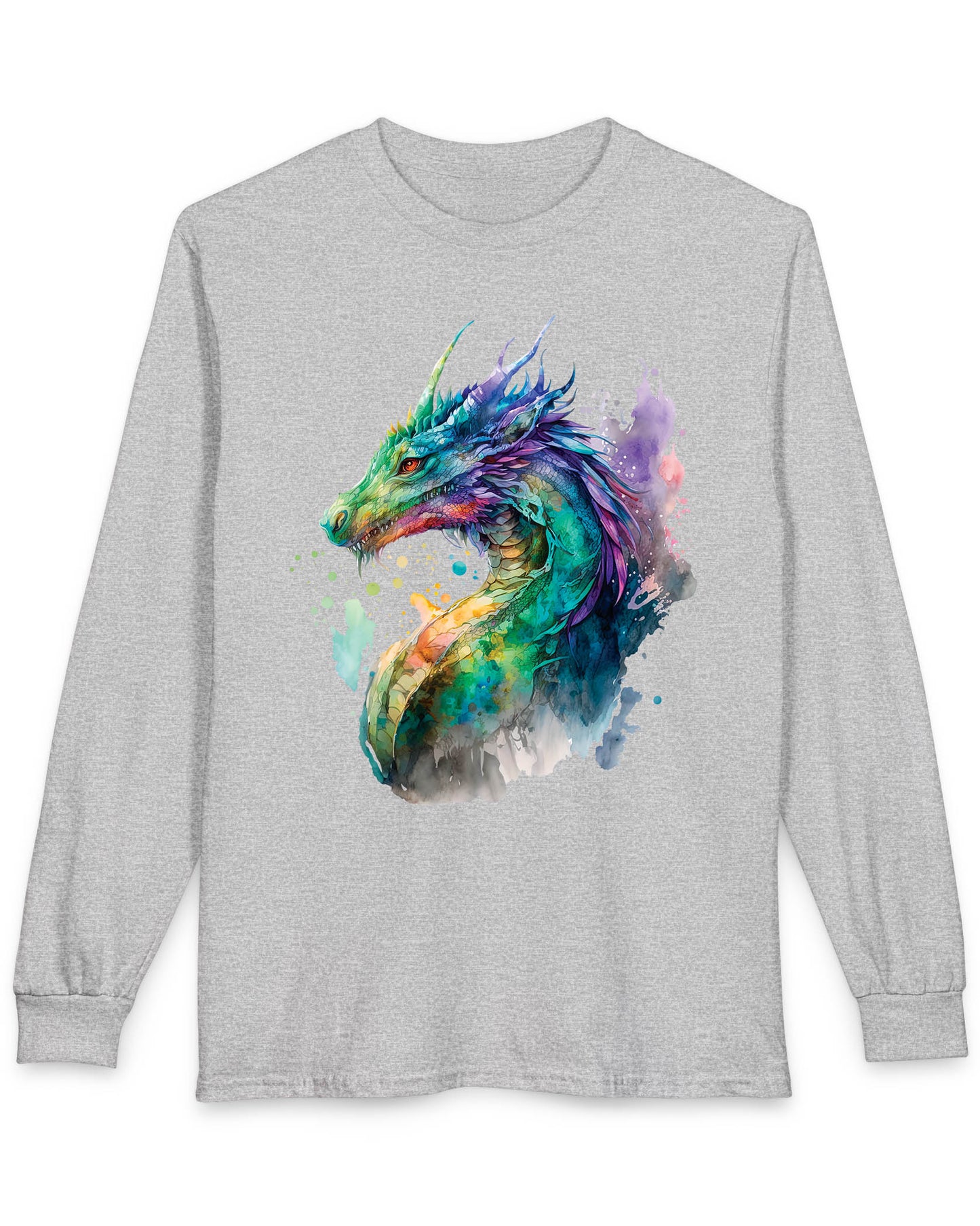 Chromatic Sentinel shirt in sport grey, featuring vibrant watercolor art of a dragon’s head and neck in vivid colors.
