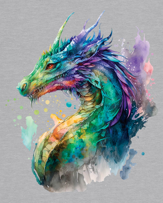 Chromatic Sentinel shirt in sport grey, featuring vibrant watercolor art of a dragon’s head and neck in vivid colors.