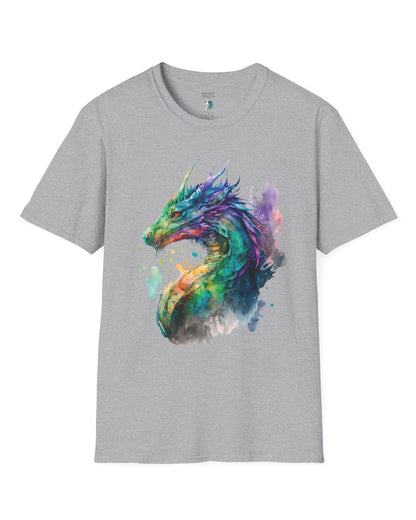 Chromatic Sentinel shirt in sport grey, featuring vibrant watercolor art of a dragon’s head and neck in vivid colors.

