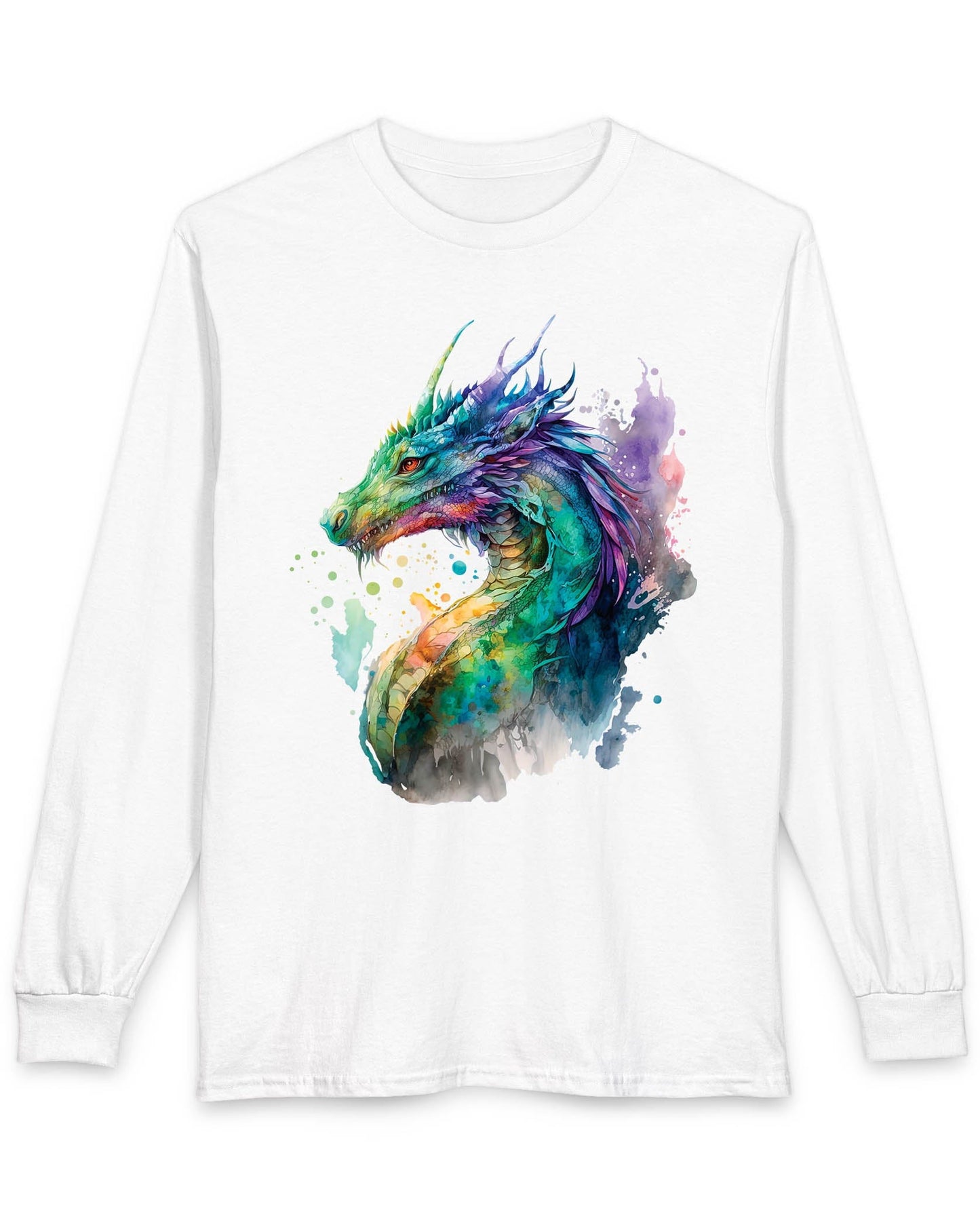 Chromatic Sentinel shirt in white, featuring vibrant watercolor art of a dragon’s head and neck in vivid colors.