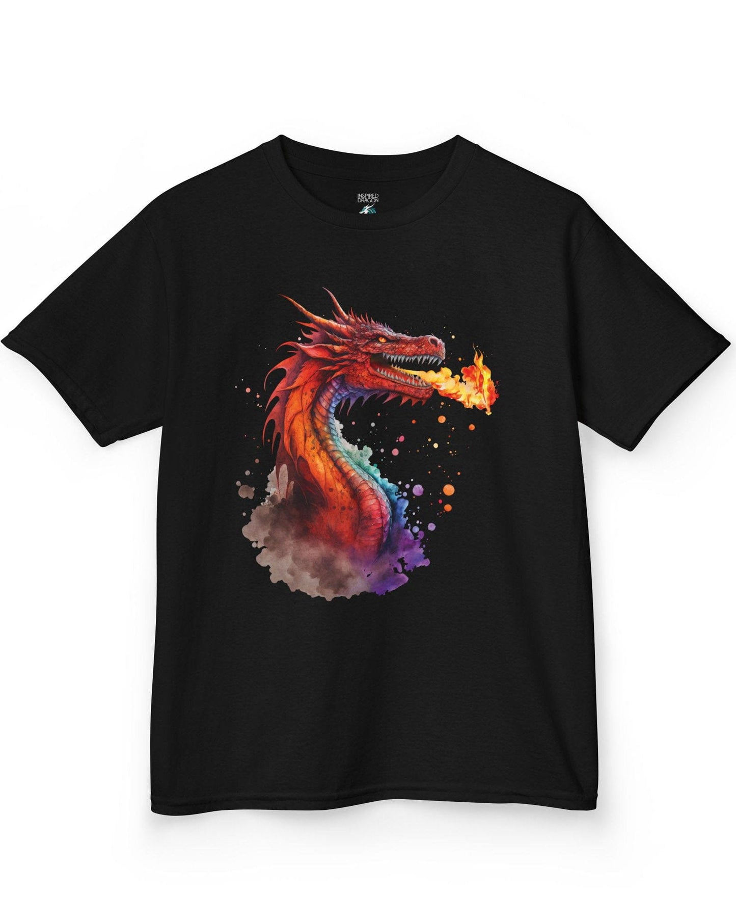 Blazing Fury shirt in black featuring vibrant watercolor art of a fire-breathing dragon in red and orange hues