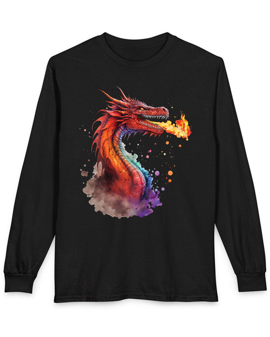 Blazing Fury shirt in black featuring vibrant watercolor art of a fire-breathing dragon in red and orange hues