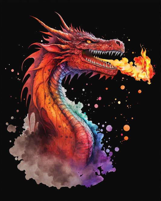 Blazing Fury shirt in black featuring vibrant watercolor art of a fire-breathing dragon in red and orange hues.