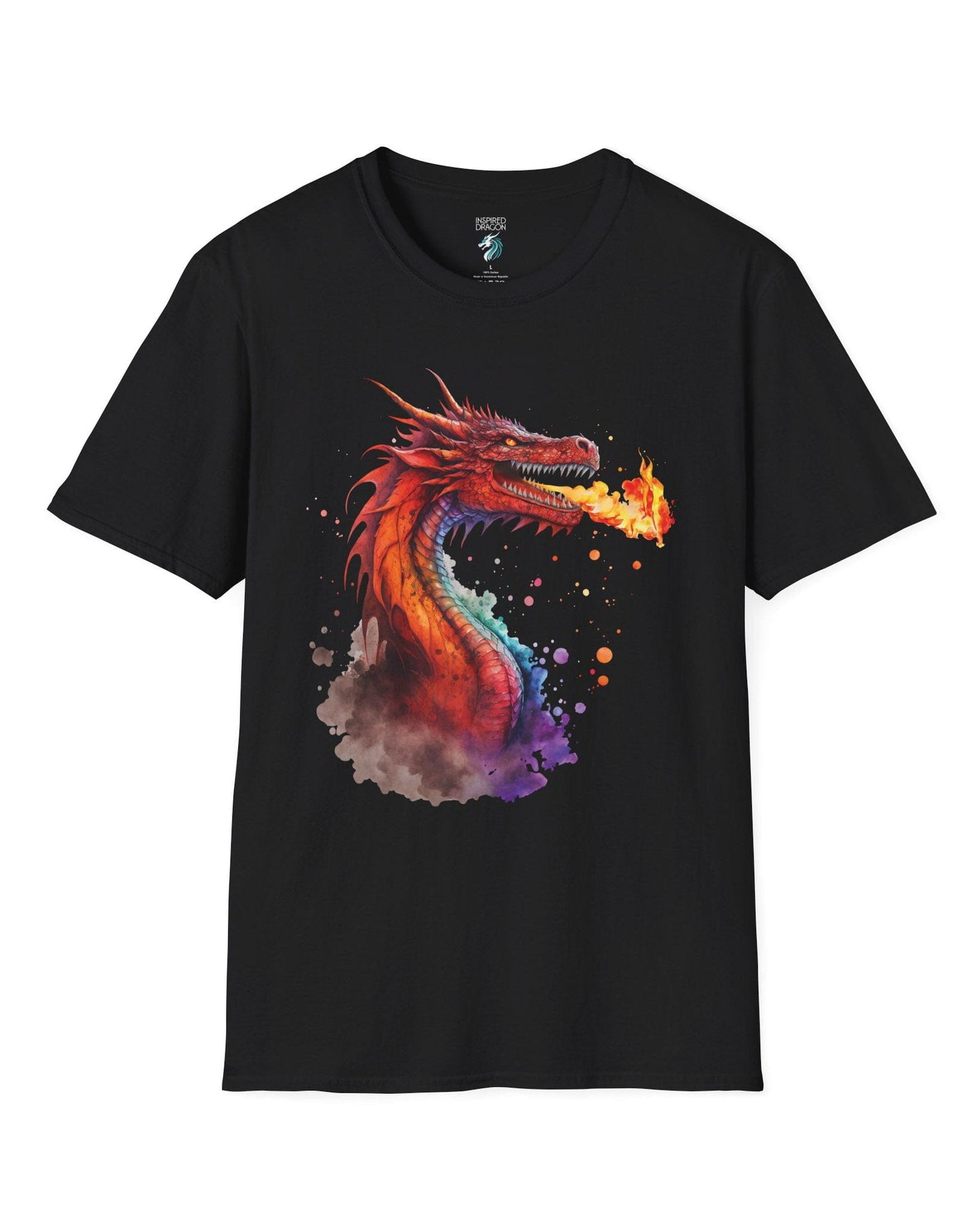 Blazing Fury shirt in black featuring vibrant watercolor art of a fire-breathing dragon in red and orange hues.
